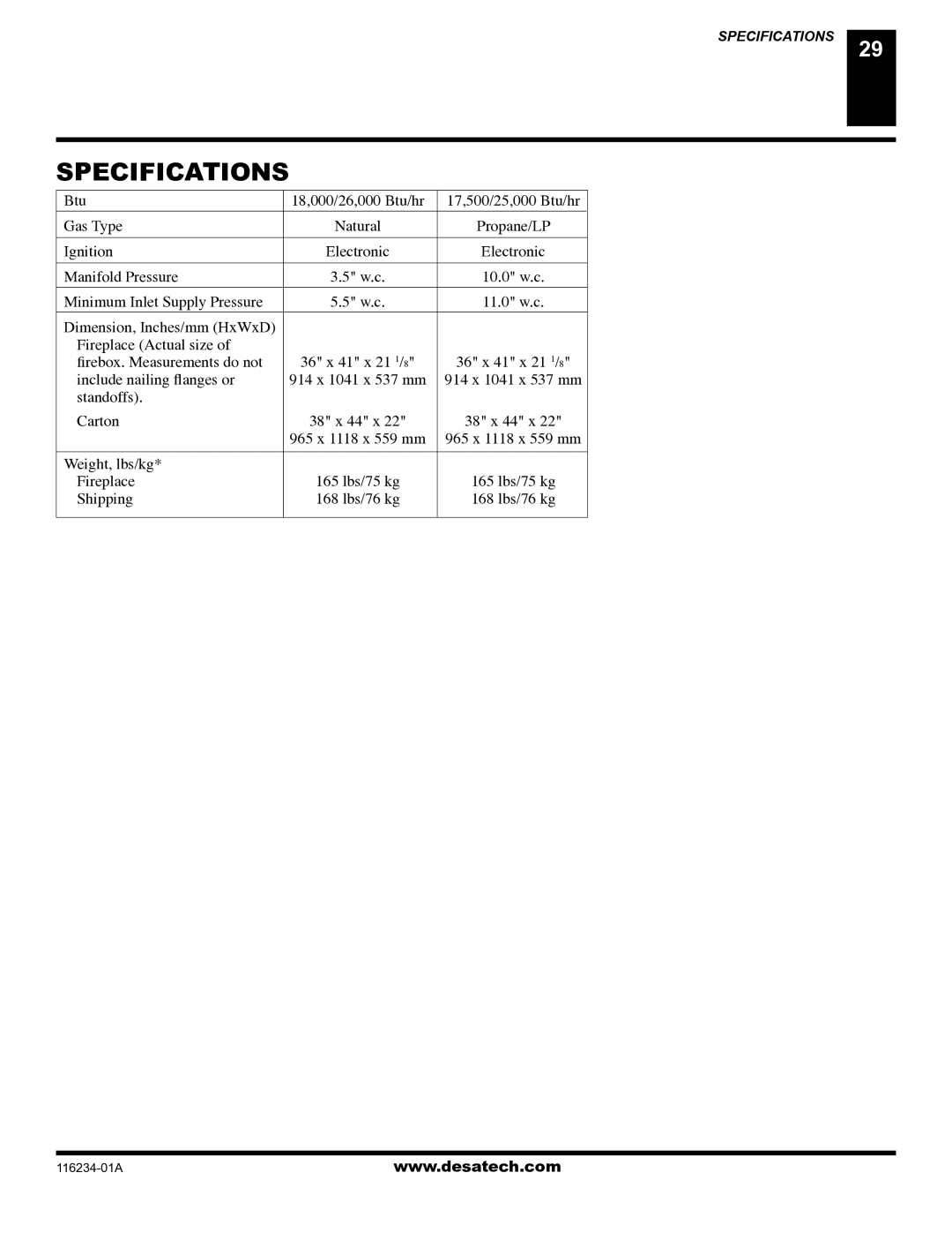 Desa (V)TC36NE Series, (V)TC36GPE Series installation manual Specifications 