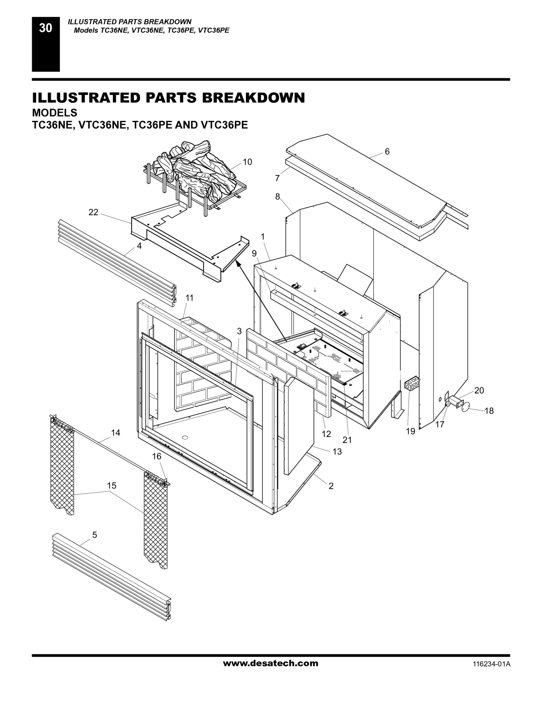 Desa (V)TC36NE Series, (V)TC36GPE Series Illustrated Parts Breakdown, Models TC36NE, VTC36NE, TC36PE and VTC36PE 