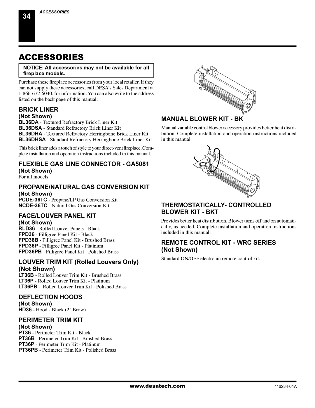 Desa (V)TC36NE Series, (V)TC36GPE Series installation manual Accessories 