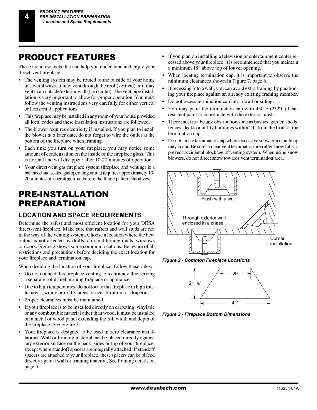 Desa (V)TC36NE Series, (V)TC36GPE Series Product Features, PRE-INSTALLATION Preparation, Location and Space Requirements 