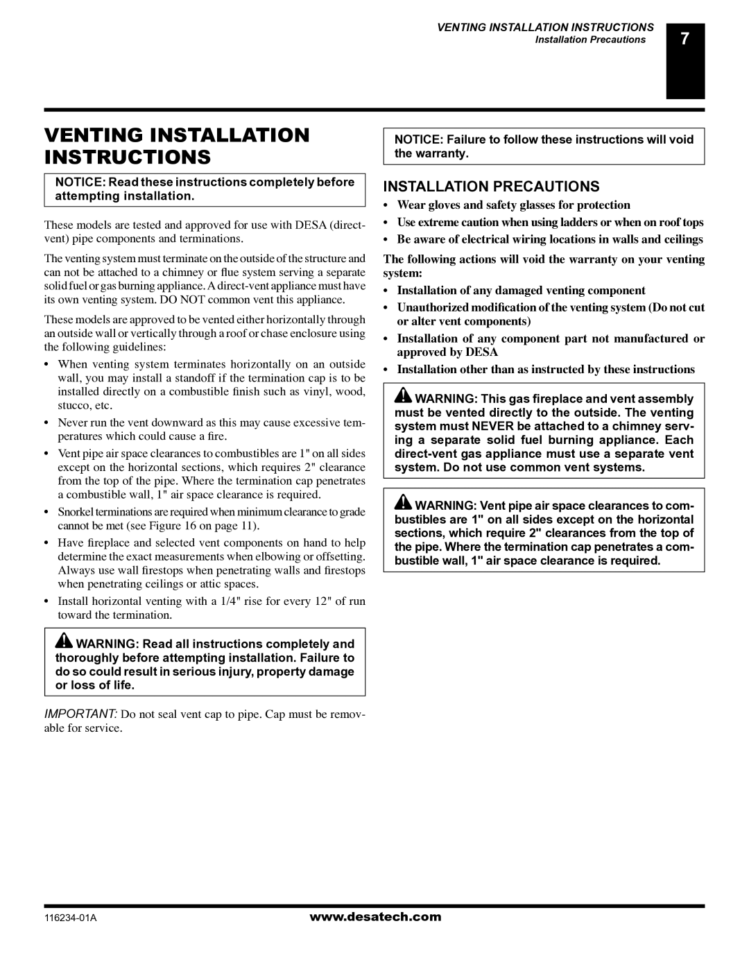 Desa (V)TC36NE Series, (V)TC36GPE Series installation manual Venting Installation Instructions, Installation Precautions 