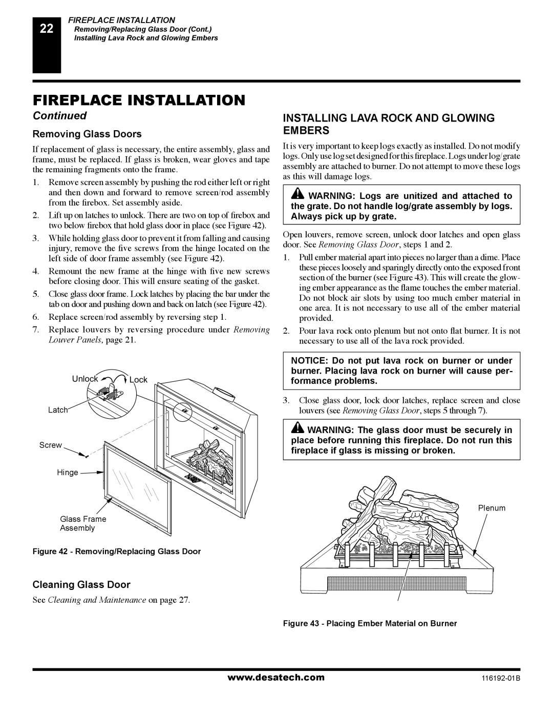 Desa (V)TC36P SERIES, (V)TC36N SERIES Installing Lava Rock and Glowing Embers, Removing Glass Doors, Cleaning Glass Door 