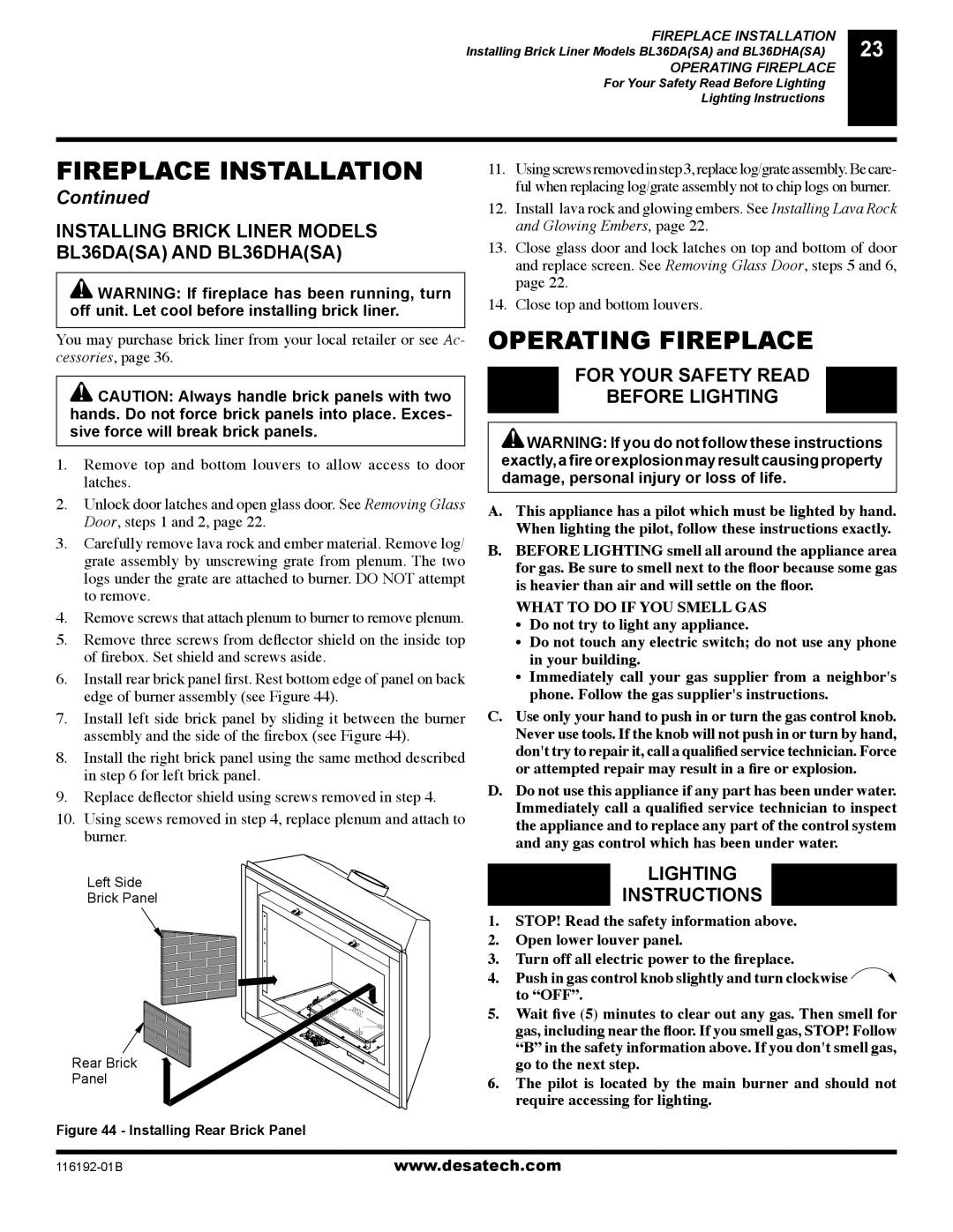 Desa (V)TC36N SERIES Operating Fireplace, Installing Brick Liner Models BL36DASA and BL36DHASA, Lighting Instructions 