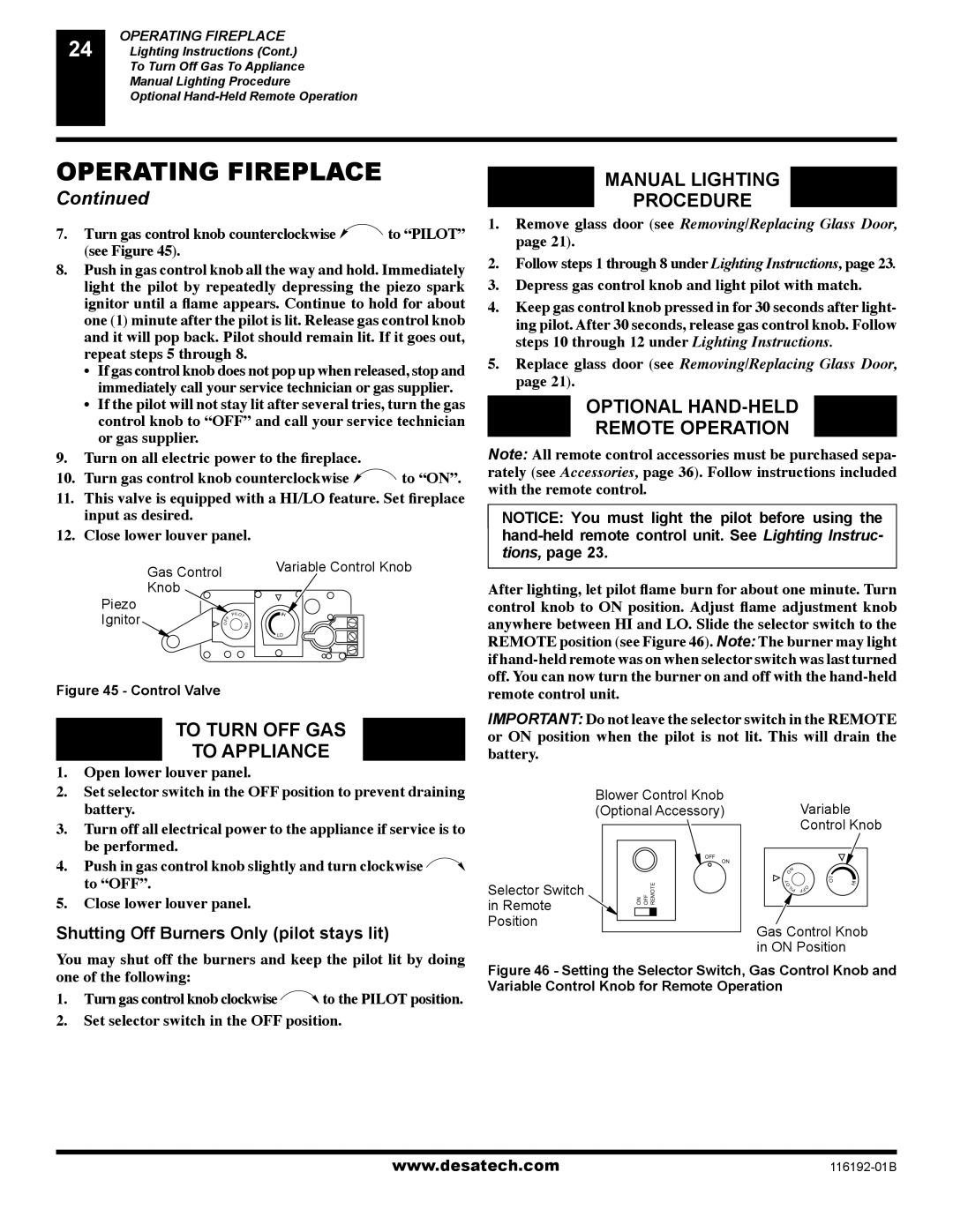 Desa (V)TC36P SERIES, (V)TC36N SERIES To Turn OFF GAS, Manual Lighting Procedure, Optional HAND-HELD Remote Operation 