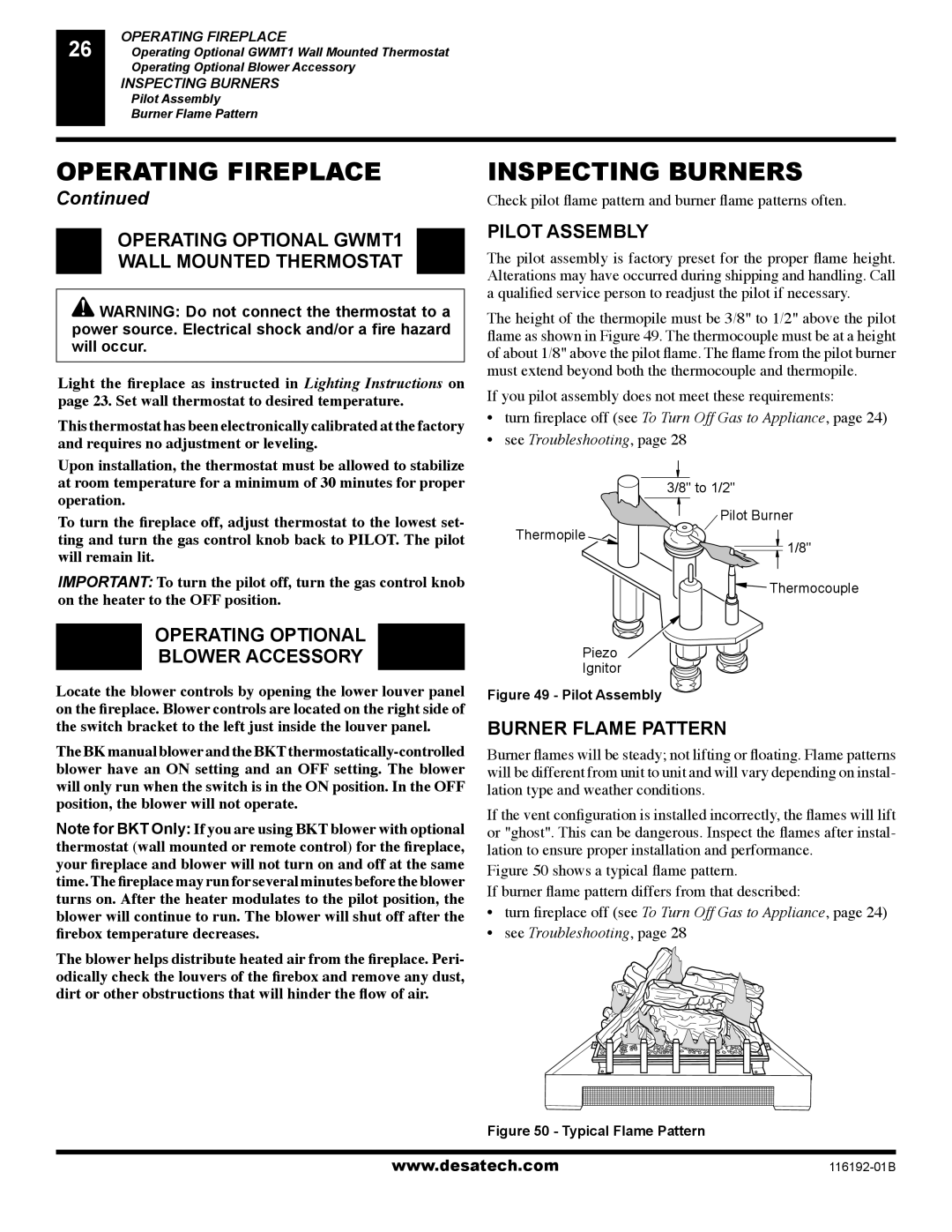 Desa (V)TC36P SERIES, (V)TC36N SERIES Inspecting Burners, Operating Optional GWMT1 Wall Mounted Thermostat, Pilot Assembly 