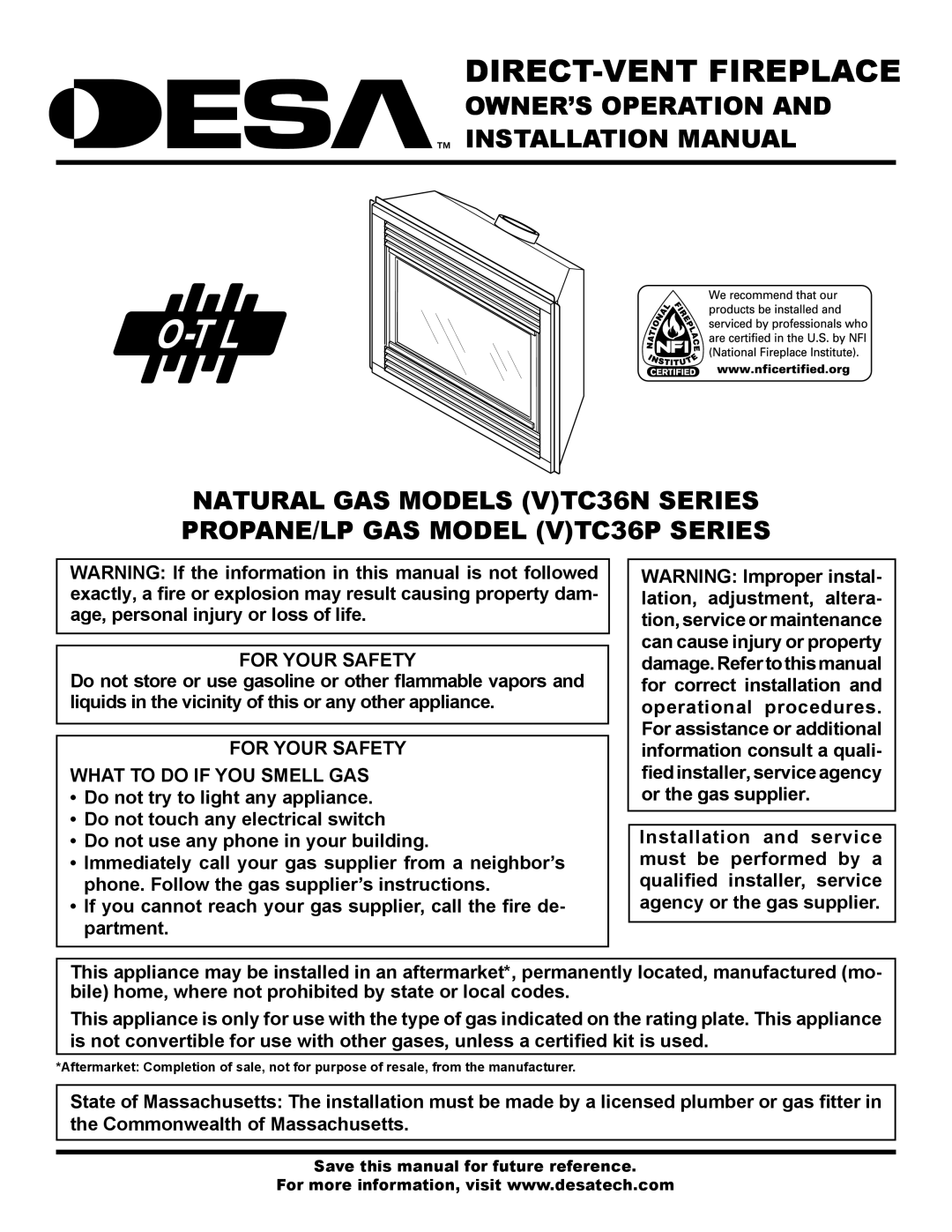 Desa (V)TC36N installation manual For Your Safety What to do if YOU Smell GAS, Save this manual for future reference 