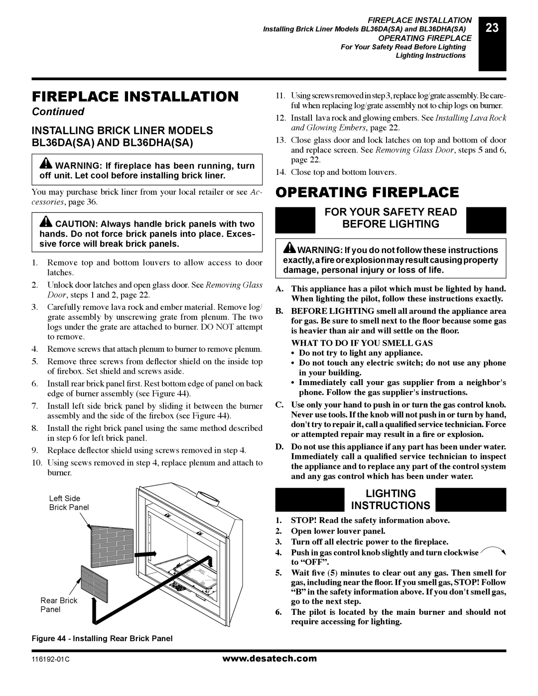 Desa (V)TC36N, (V)TC36P Operating Fireplace, Installing Brick Liner Models BL36DASA and BL36DHASA, Lighting Instructions 