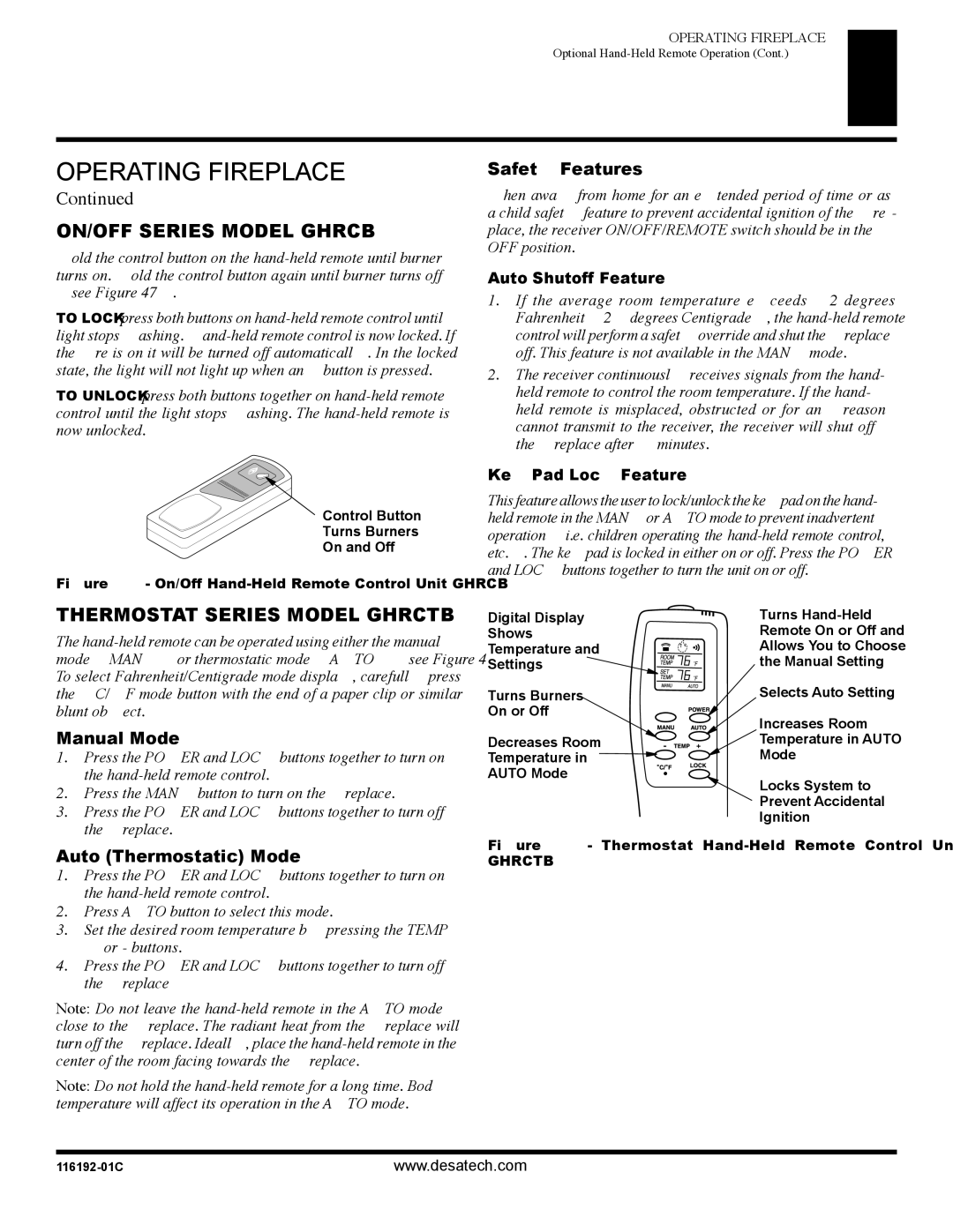 Desa (V)TC36N, (V)TC36P ON/OFF Series Model Ghrcb, Thermostat Series Model Ghrctb, Safety Features, Manual Mode 