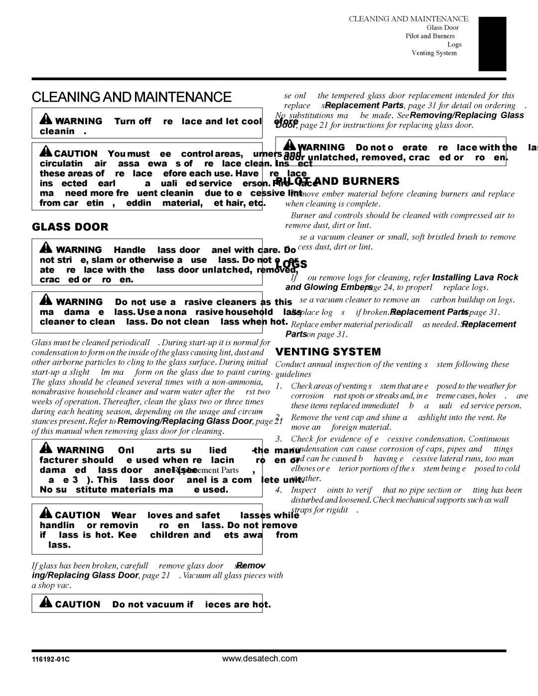 Desa (V)TC36N, (V)TC36P installation manual Cleaning and Maintenance, Glass Door, Pilot and Burners, Logs, Venting System 