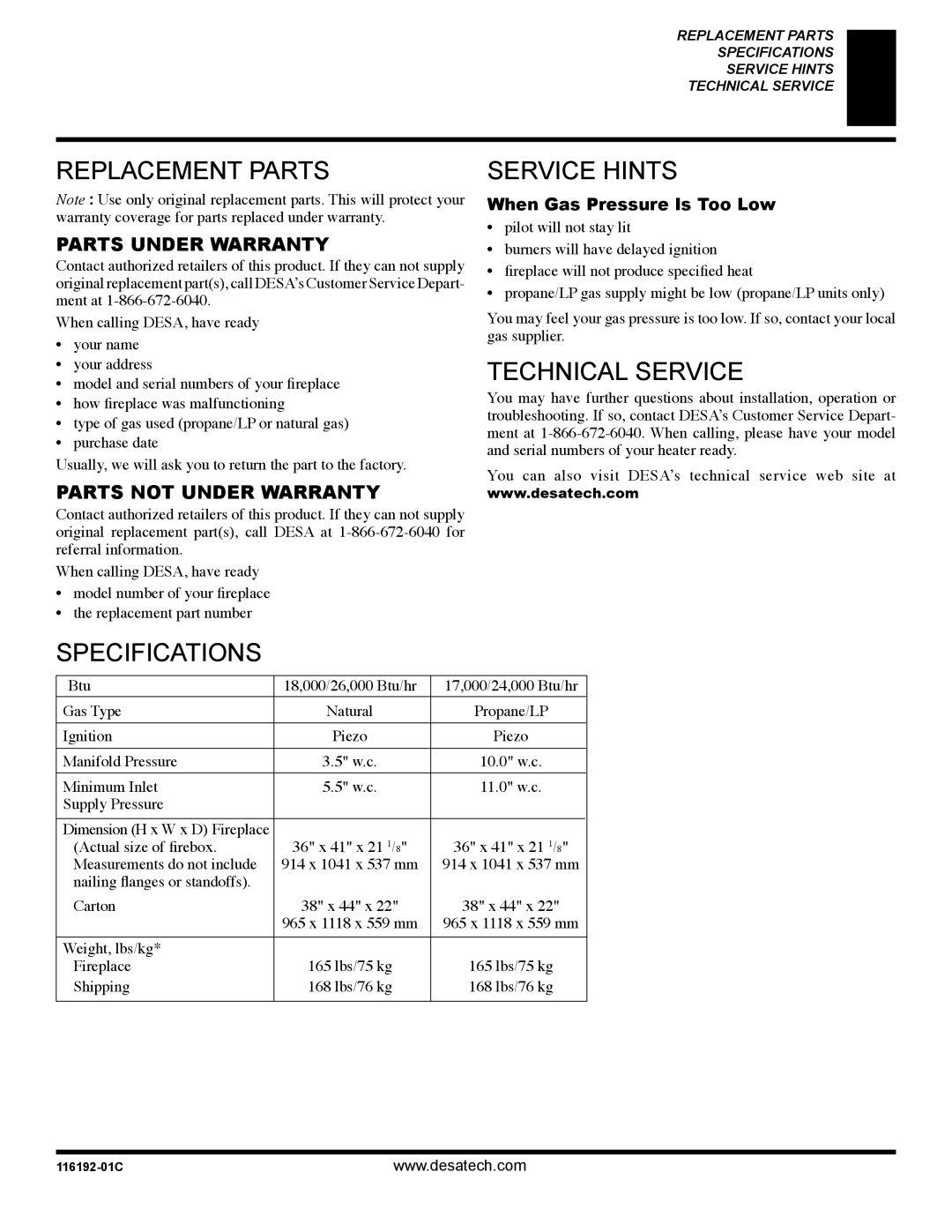 Desa (V)TC36N, (V)TC36P installation manual Replacement Parts, Service Hints, Technical Service, Specifications 