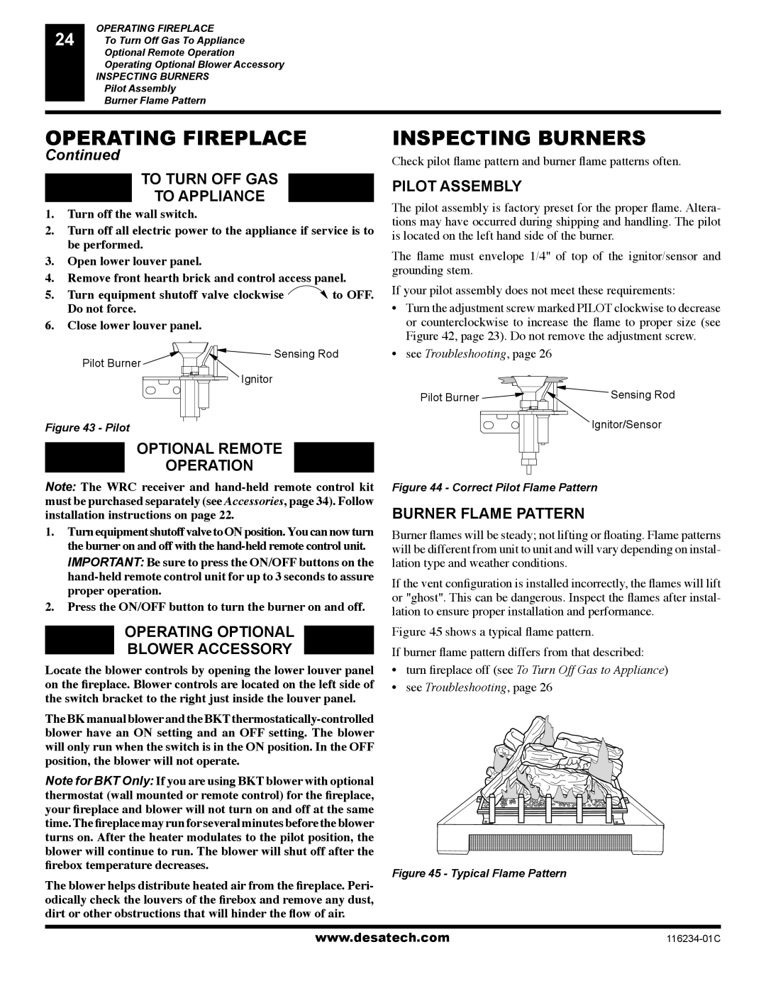 Desa (V)TC36PE SERIES To Turn OFF GAS To Appliance, Optional Remote, Operation, Operating Optional Blower Accessory 