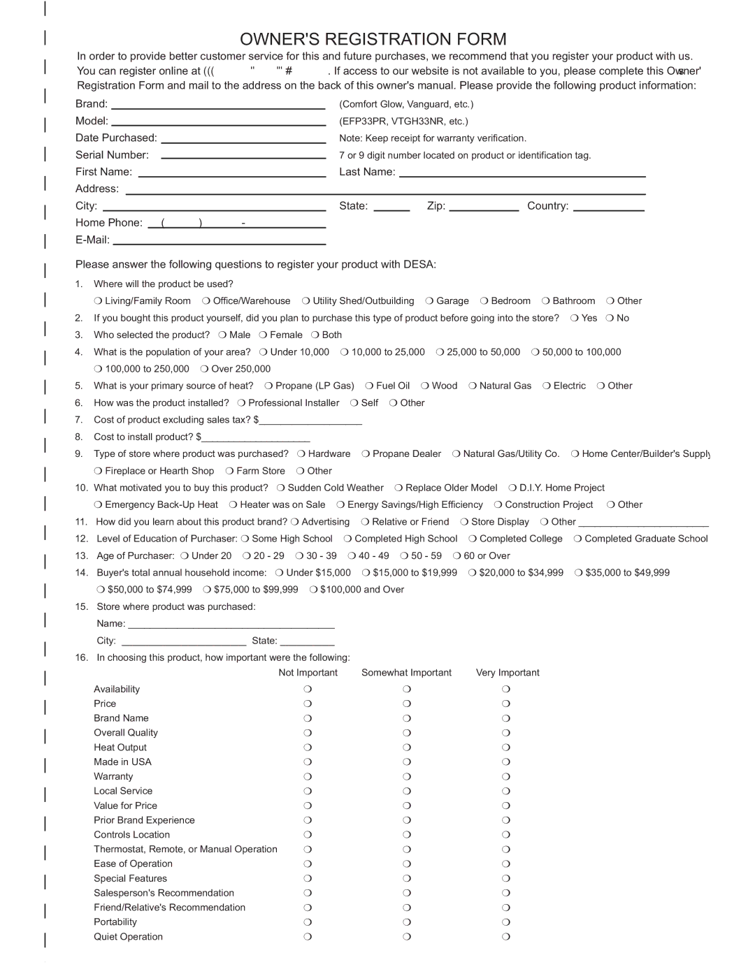 Desa (V)TC36NE SERIES, (V)TC36PE SERIES installation manual Brand, Model, Date Purchased Serial Number 