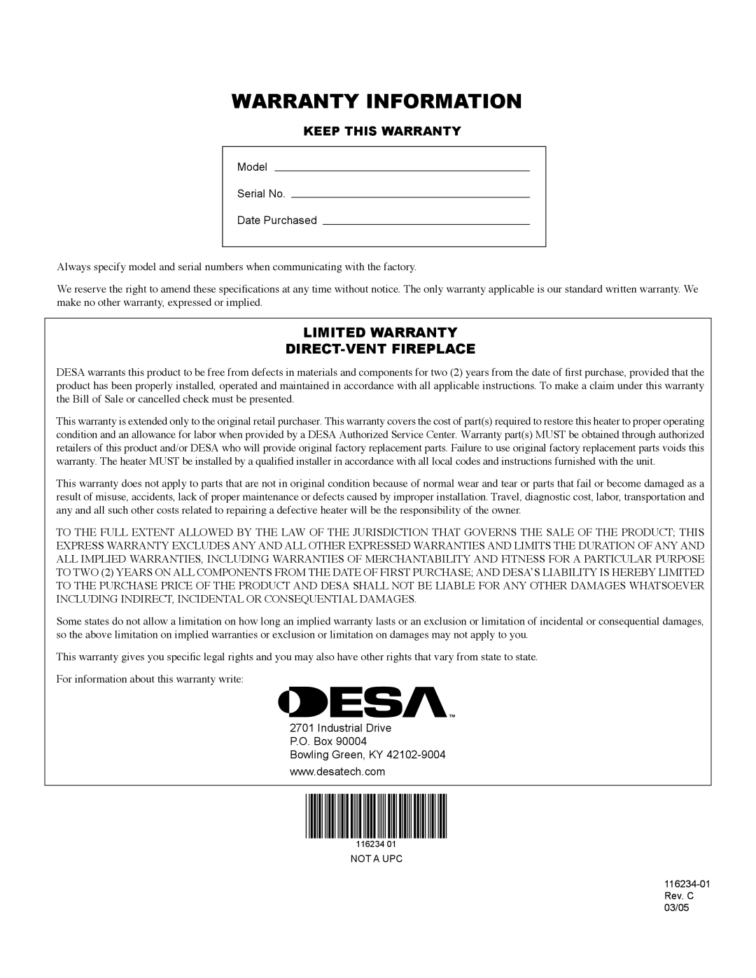 Desa (V)TC36PE SERIES, (V)TC36NE SERIES Warranty Information, Model Serial No Date Purchased, Industrial Drive P.O. Box 