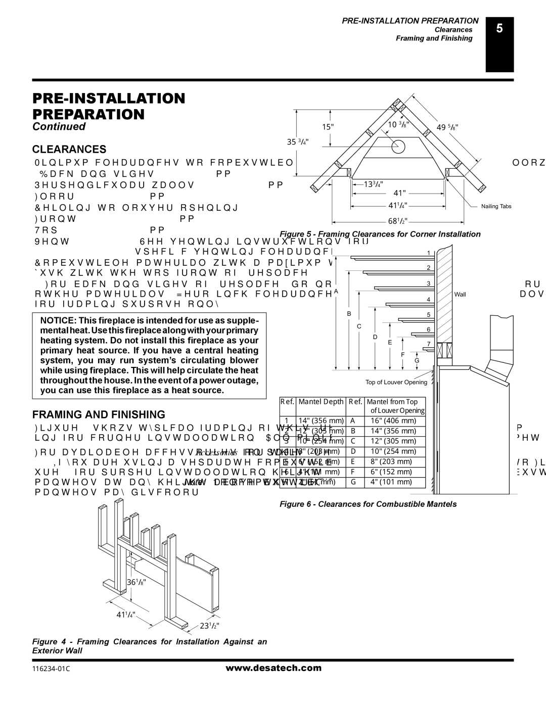 Desa (V)TC36NE SERIES, (V)TC36PE SERIES Clearances, Framing and Finishing, Vent, Speciﬁc venting clearances 