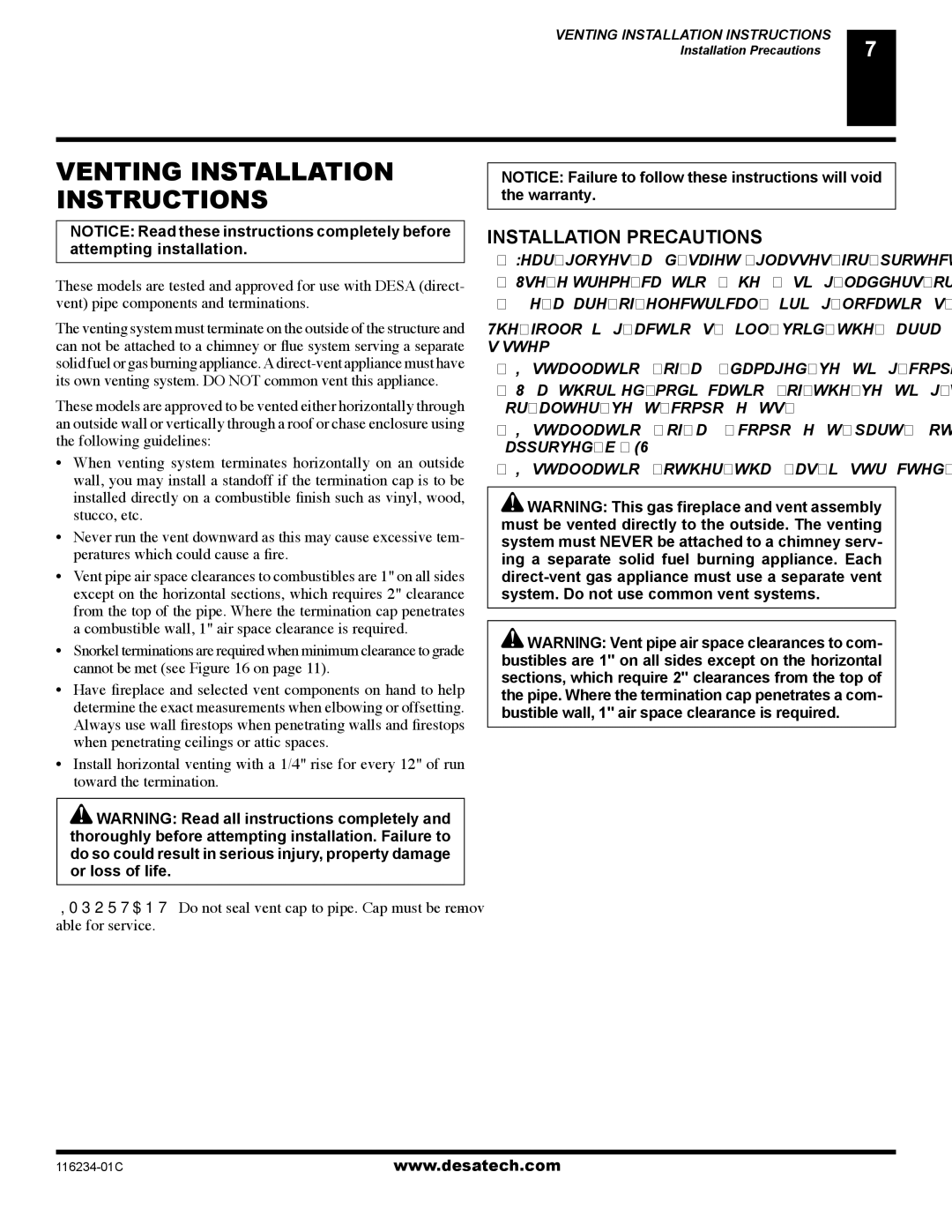 Desa (V)TC36NE SERIES, (V)TC36PE SERIES installation manual Venting Installation Instructions, Installation Precautions 