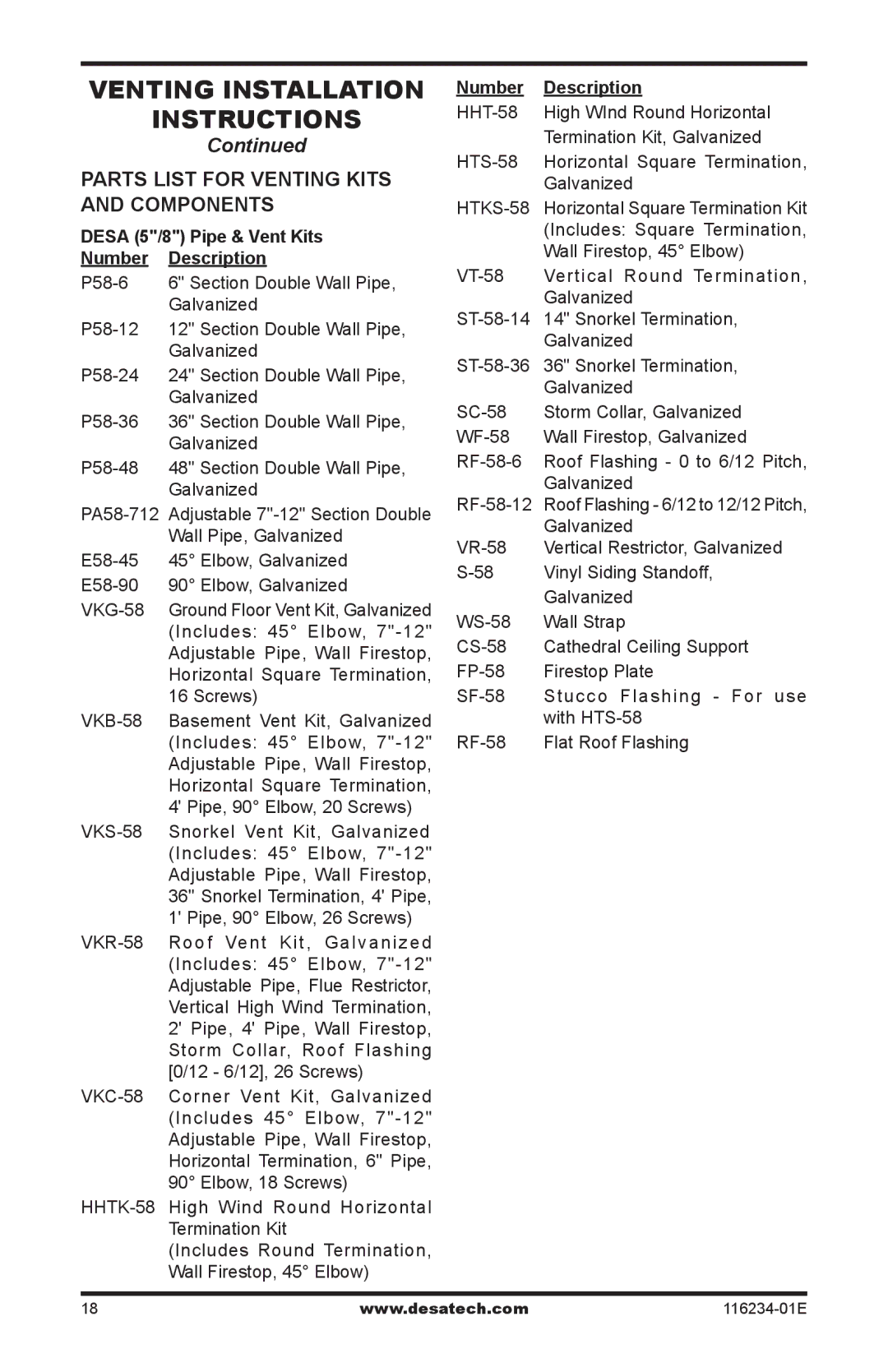 Desa (V)TC36PE SERIES, (V)TC36NE SERIES installation manual Parts list for venting kits and components 