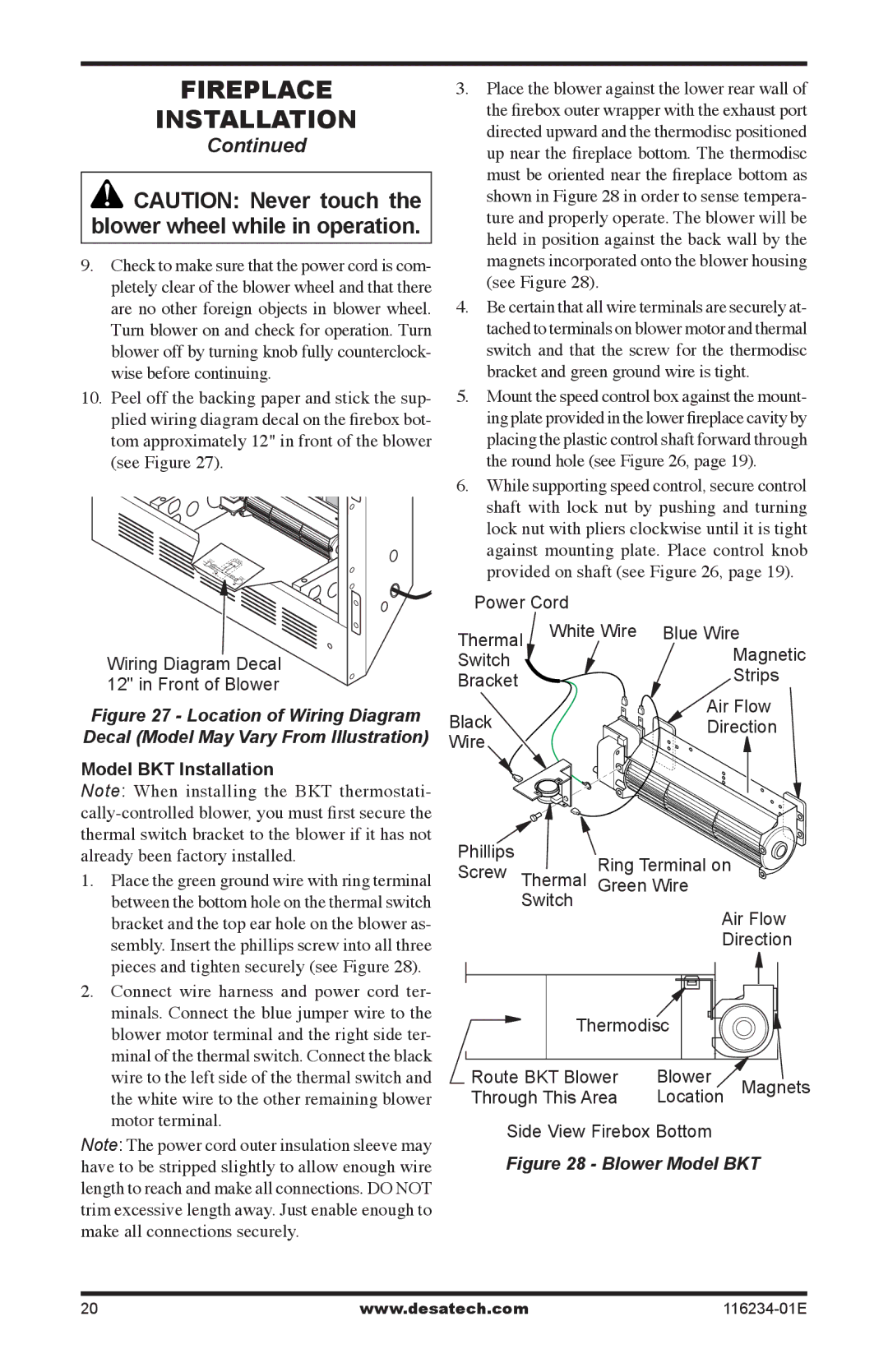 Desa (V)TC36PE SERIES, (V)TC36NE SERIES installation manual Model BKT Installation, Blower Model BKT 