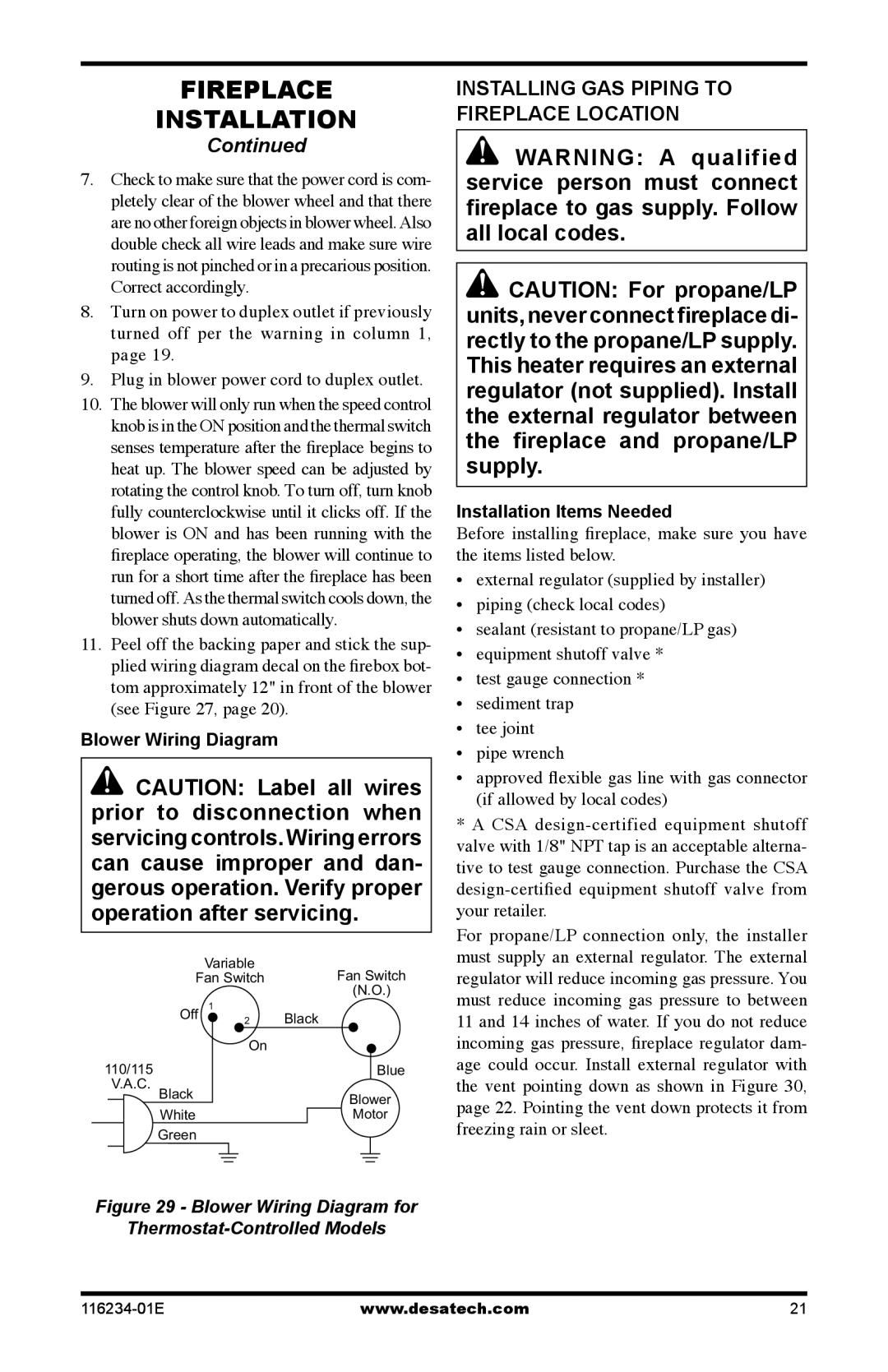 Desa (V)TC36PE SERIES, (V)TC36NE SERIES Installing Gas Piping to Fireplace Location, Blower Wiring Diagram 