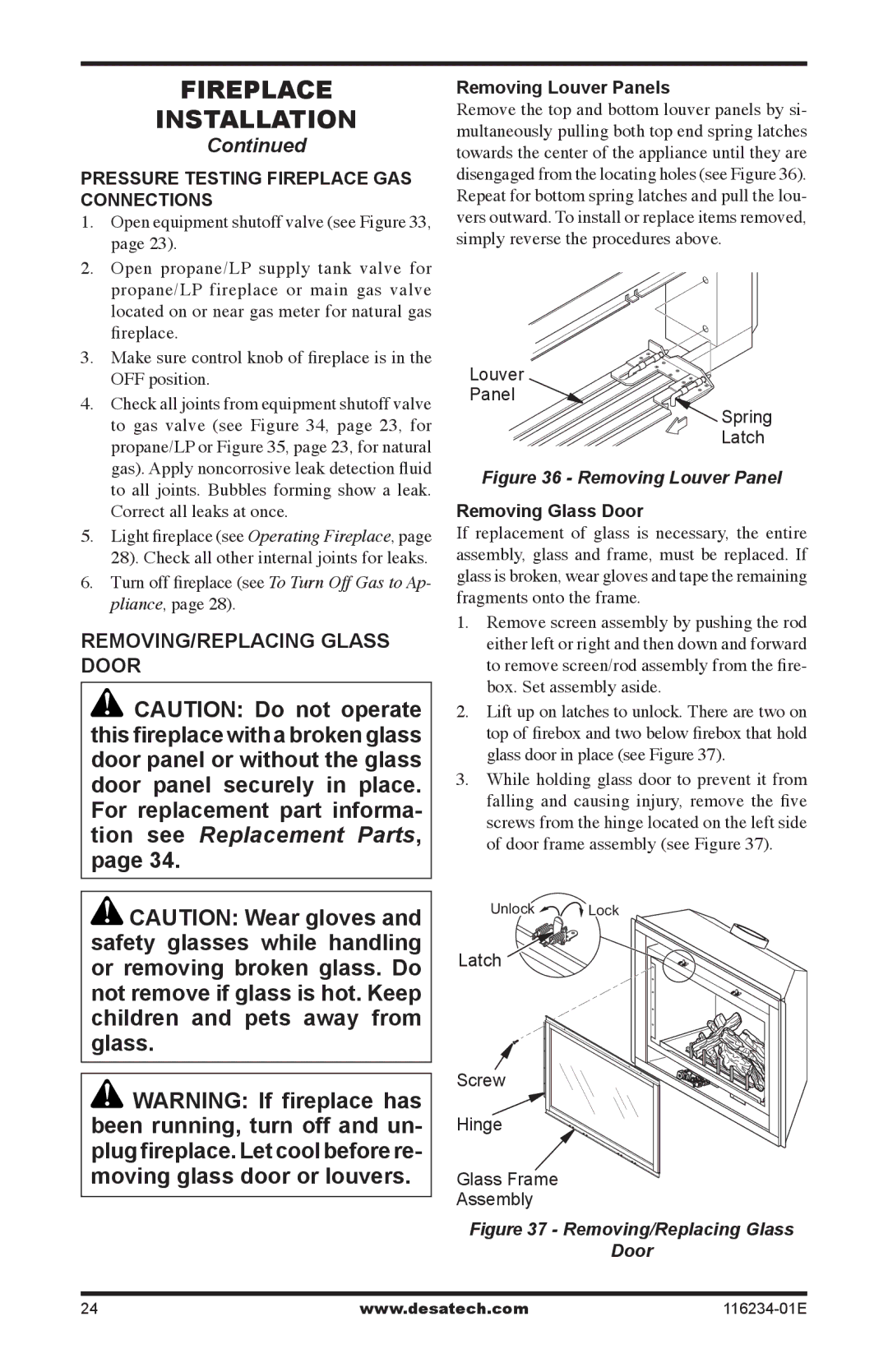 Desa (V)TC36PE SERIES, (V)TC36NE SERIES Removing/Replacing Glass Door, Pressure Testing Fireplace Gas Connections 