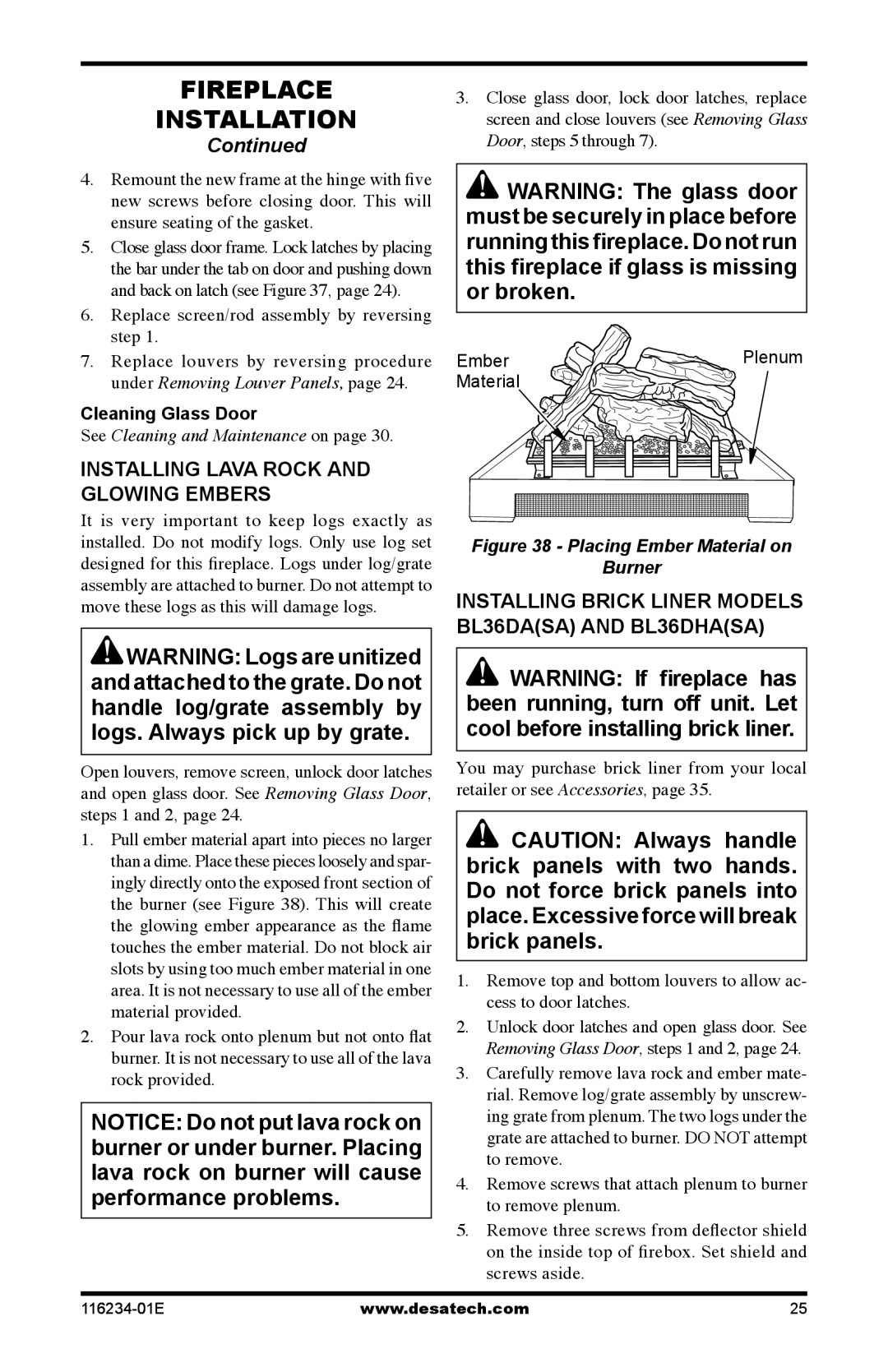 Desa (V)TC36PE SERIES, (V)TC36NE SERIES installation manual Installing lava rock and glowing embers, Cleaning Glass Door 