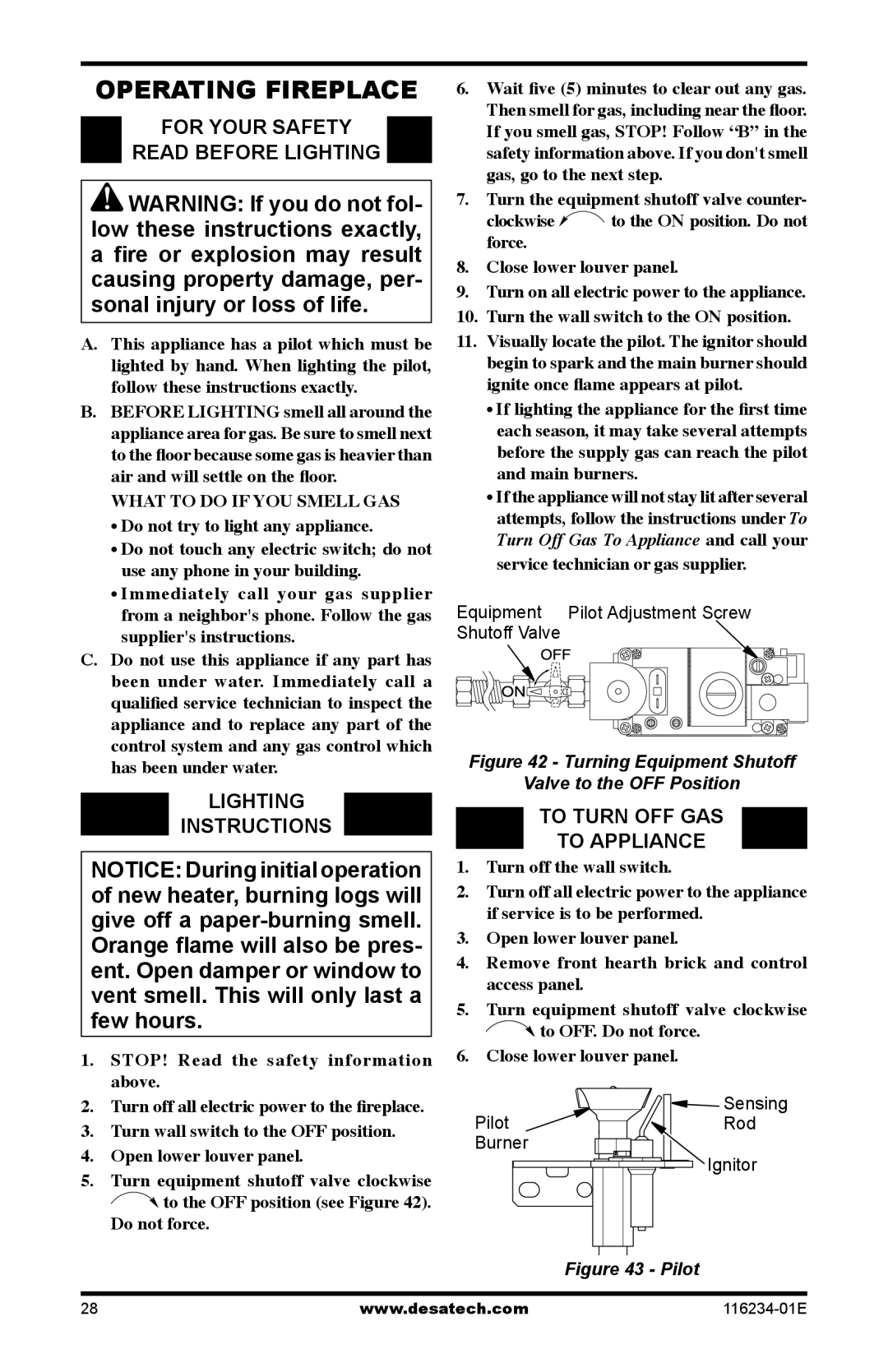 Desa (V)TC36PE SERIES, (V)TC36NE SERIES Operating Fireplace, For your safety Read before lighting, Lighting Instructions 