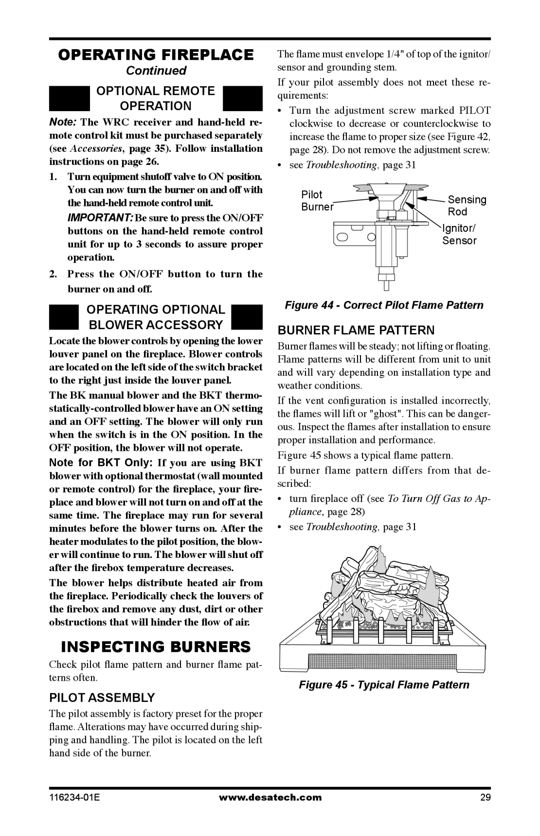 Desa (V)TC36PE SERIES, (V)TC36NE SERIES Inspecting Burners, Optional Remote Operation, Operating optional blower accessory 