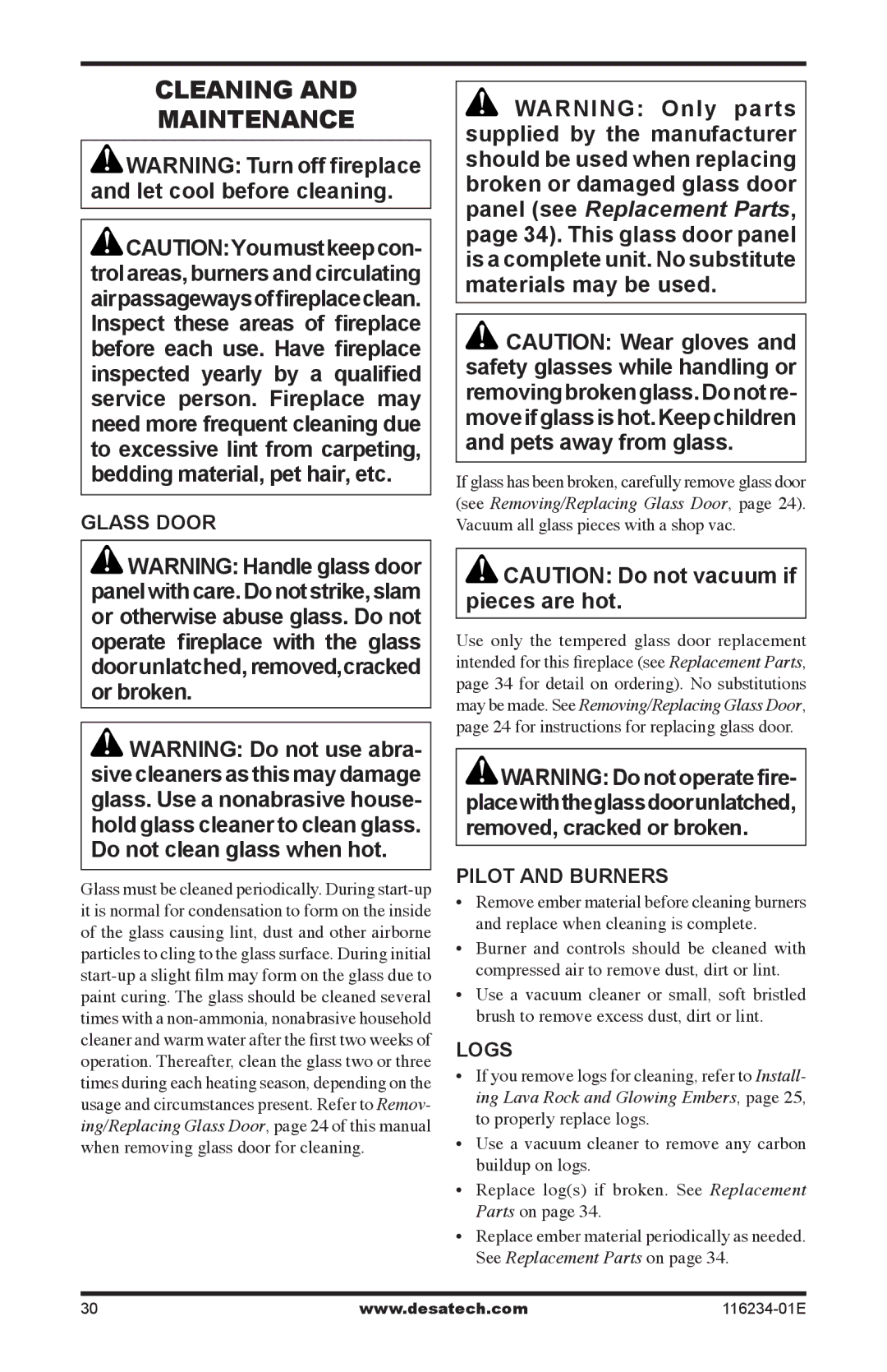 Desa (V)TC36PE SERIES, (V)TC36NE SERIES installation manual Cleaning Maintenance, Glass Door, Pilot and burners, Logs 