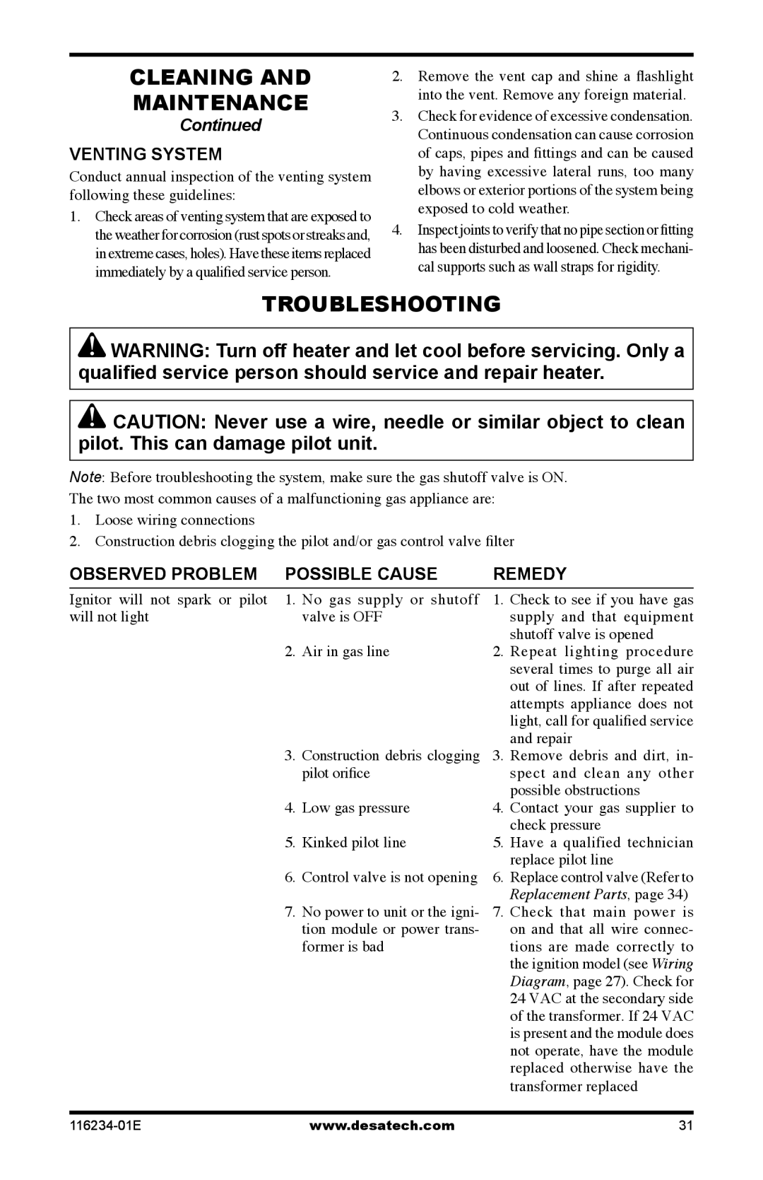 Desa (V)TC36PE SERIES, (V)TC36NE SERIES Troubleshooting, Venting system, Observed Problem Possible Cause Remedy 