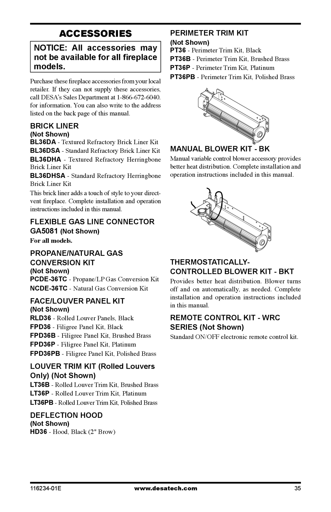 Desa (V)TC36PE SERIES, (V)TC36NE SERIES installation manual Accessories 