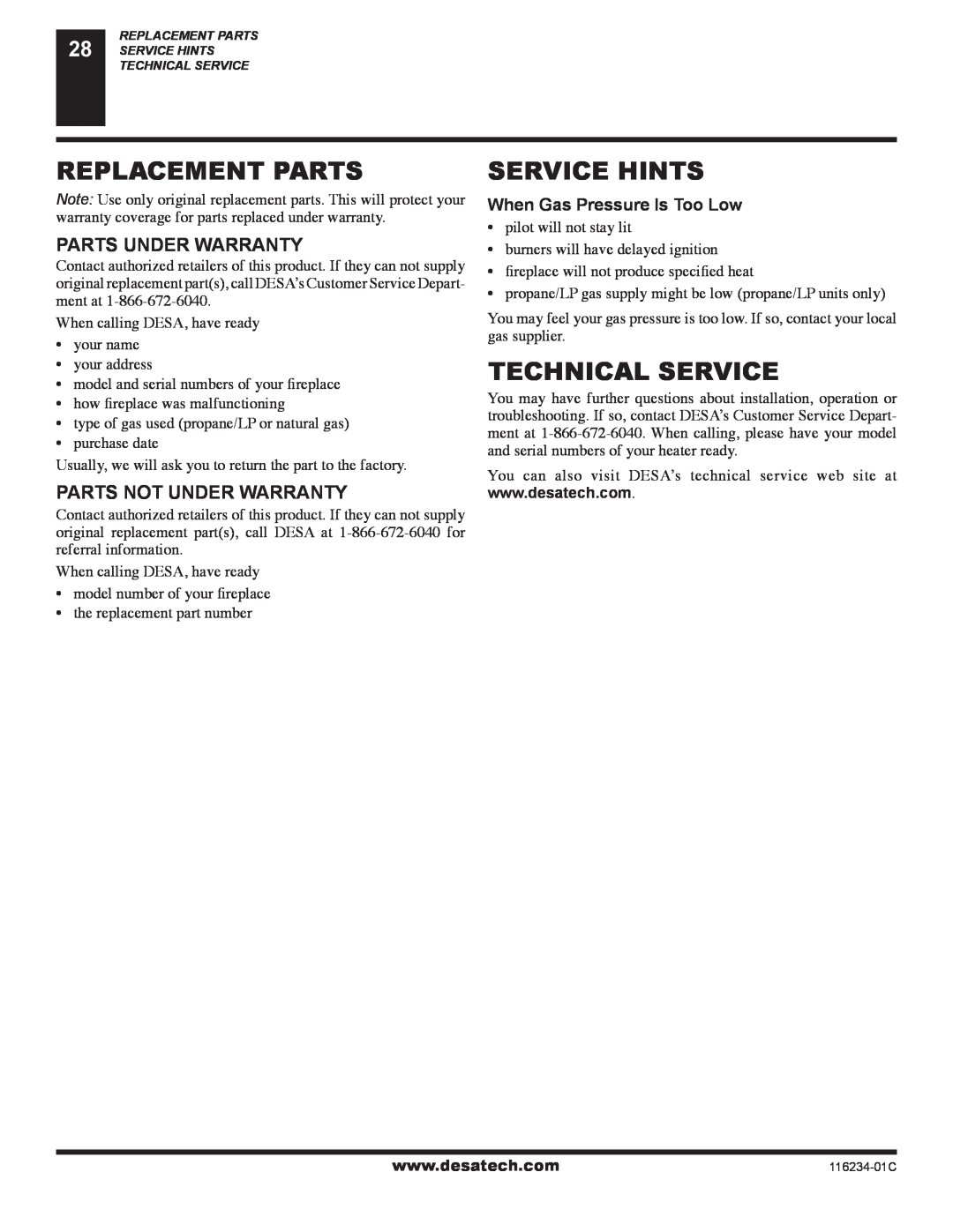 Desa (V)TC36PE SERIES Replacement Parts, Service Hints, Technical Service, Parts Under Warranty, Parts Not Under Warranty 