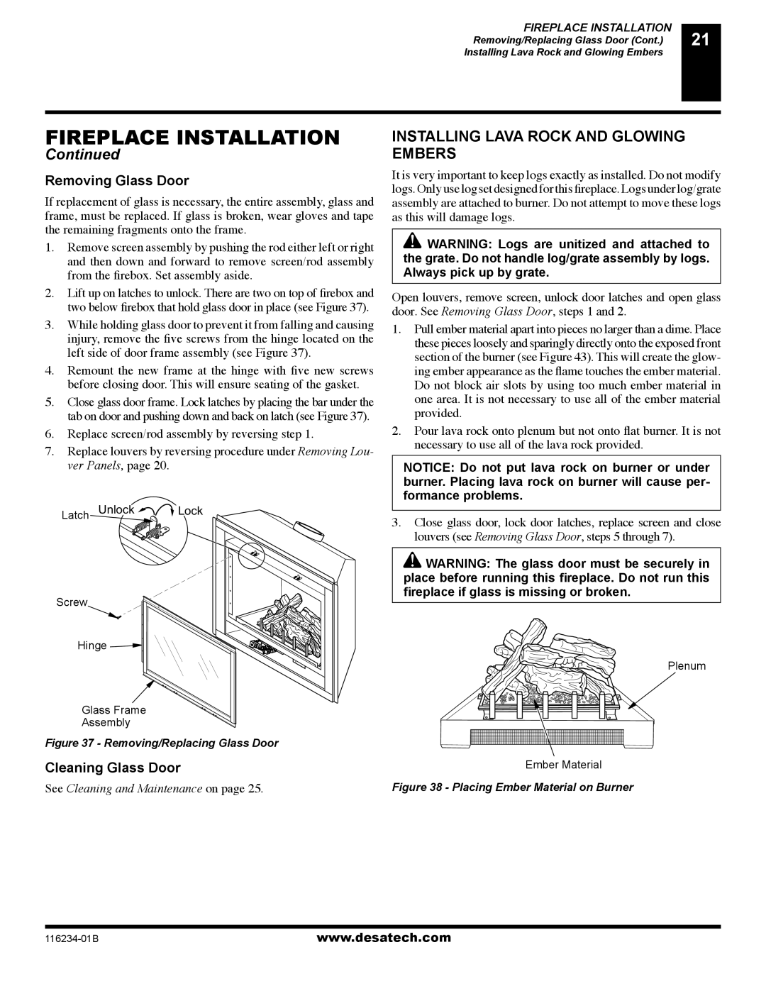 Desa (V)TC36NE, (V)TC36PE Installing Lava Rock and Glowing Embers, Removing Glass Door, Cleaning Glass Door 