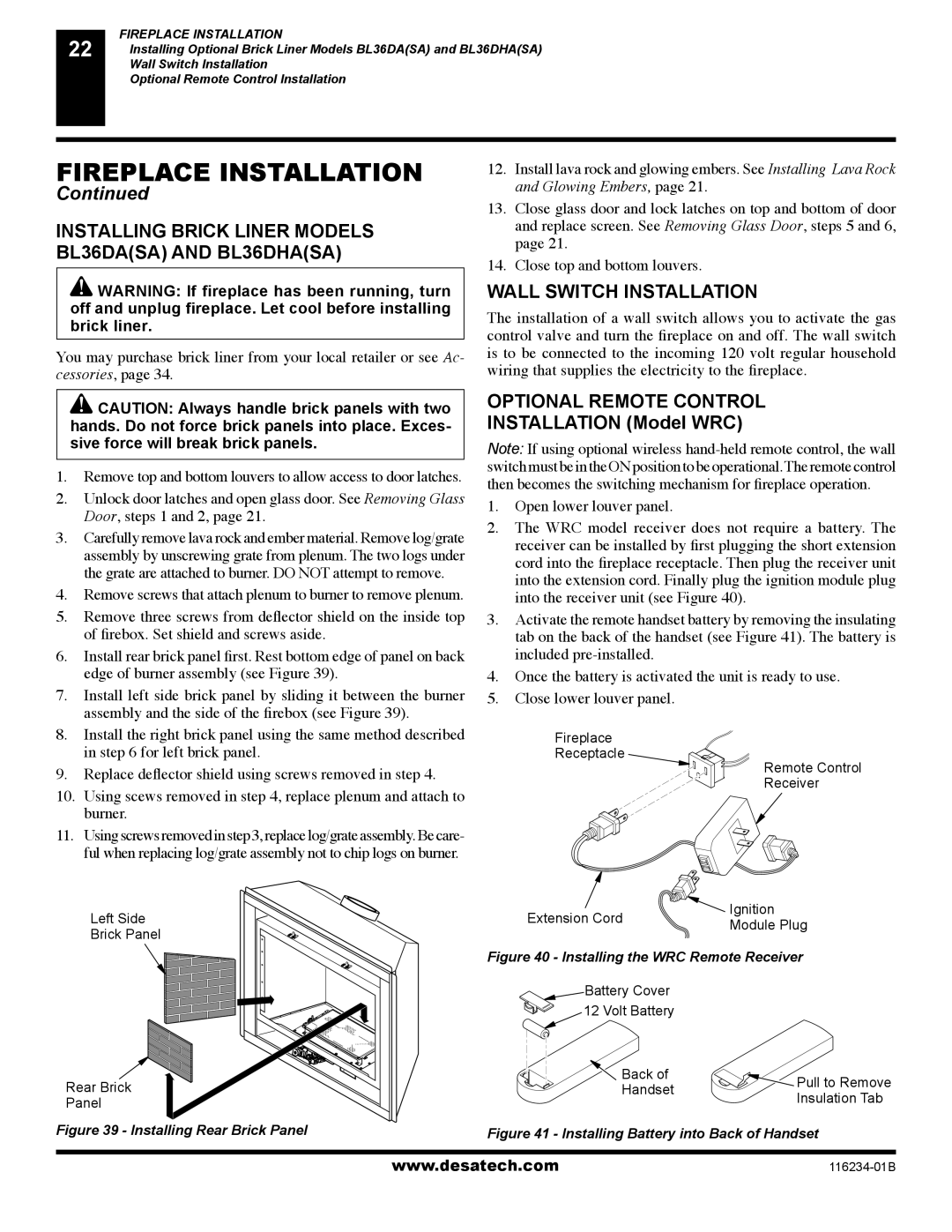 Desa (V)TC36PE Installing Brick Liner Models BL36DASA and BL36DHASA, Wall Switch Installation, Optional Remote Control 