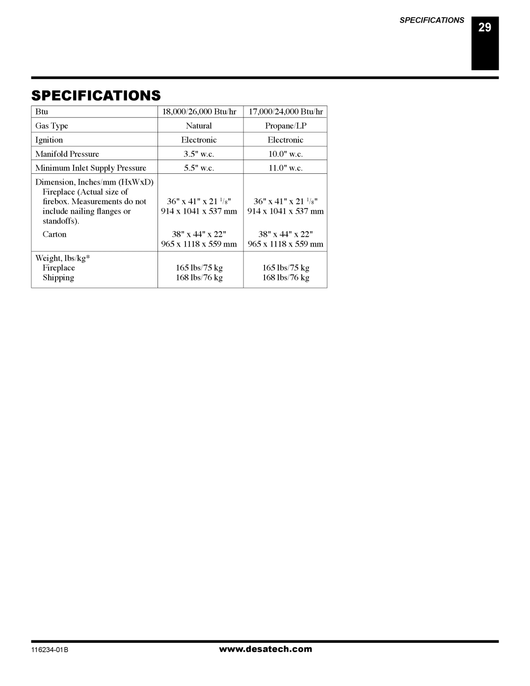 Desa (V)TC36NE, (V)TC36PE installation manual Specifications 