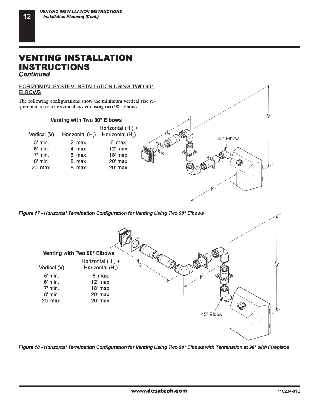 Desa (V)TC36PE, (V)TC36NE installation manual Venting Installation Instructions, Continued, Venting with Two 90 Elbows 
