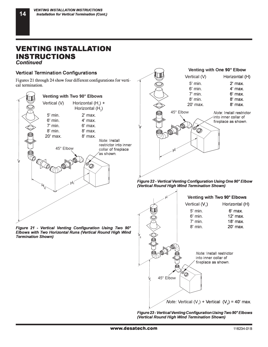 Desa (V)TC36PE Venting Installation Instructions, Continued, Vertical Termination Conﬁgurations, Venting with One 90 Elbow 