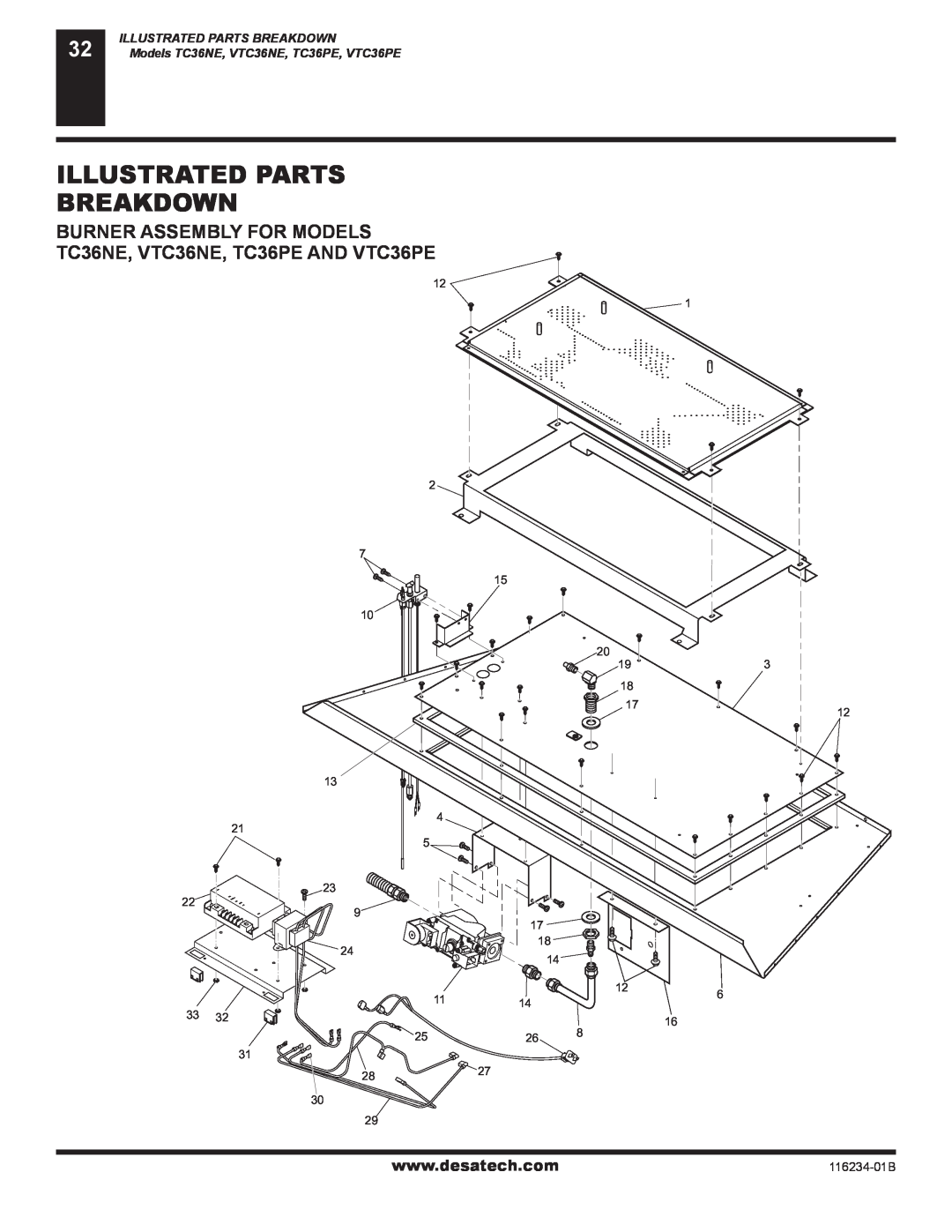 Desa (V)TC36PE Illustrated Parts Breakdown, Burner Assembly For Models, TC36NE, VTC36NE, TC36PE AND VTC36PE, 116234-01B 