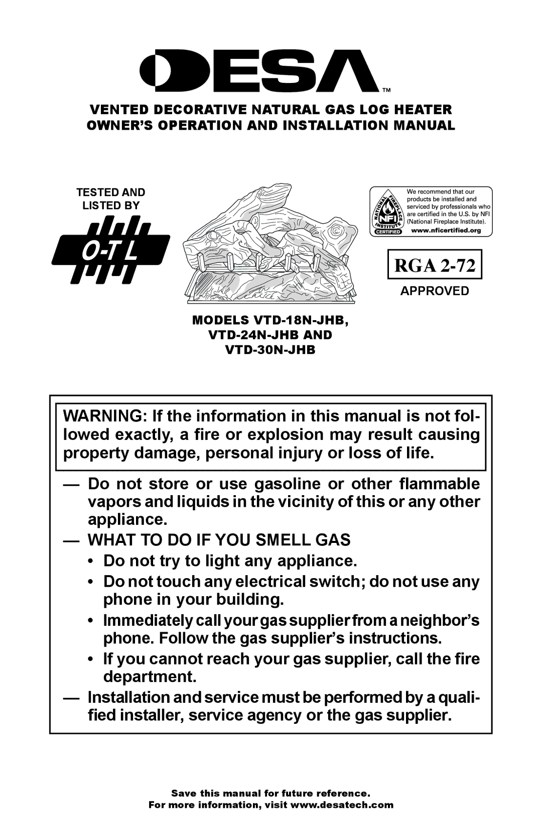 Desa VTD-30N-JHB, VTD-24N-JHB installation manual Approved, Models VTD-18N-JHB Vtd-24n-jhb Vtd-30n-jhb 