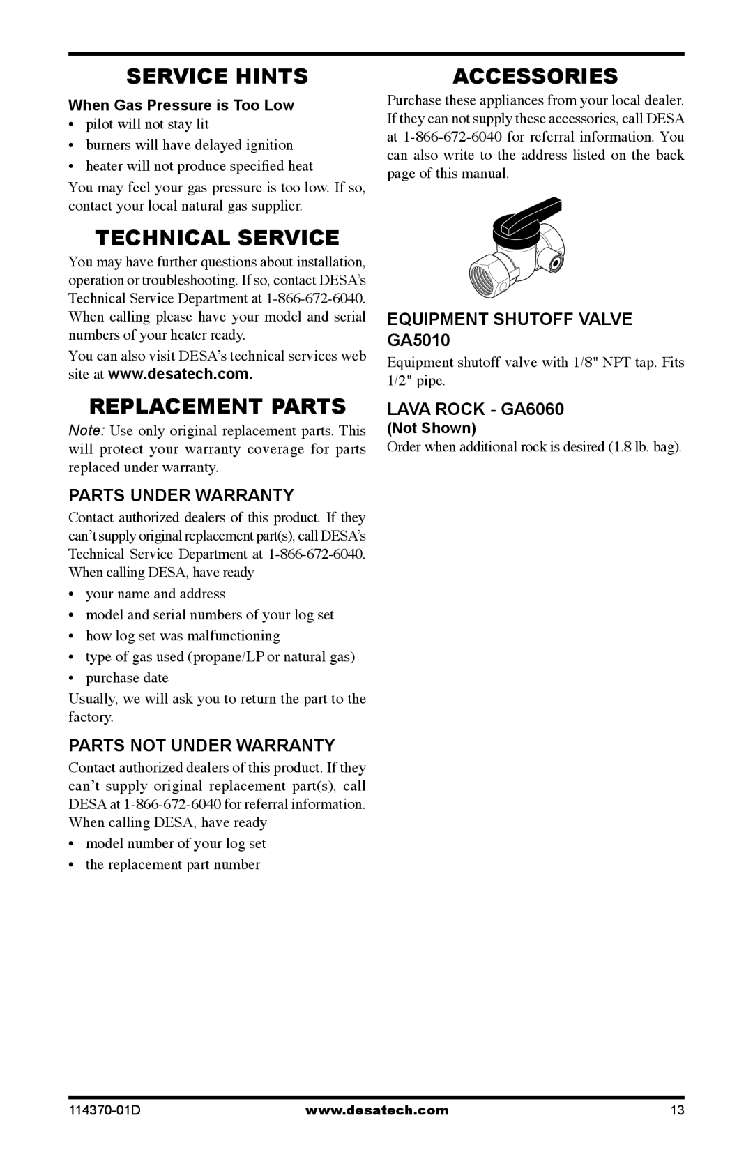 Desa VTD-30N-JHB, VTD-18N-JHB, VTD-24N-JHB Service Hints, Technical Service, Replacement Parts, Accessories 