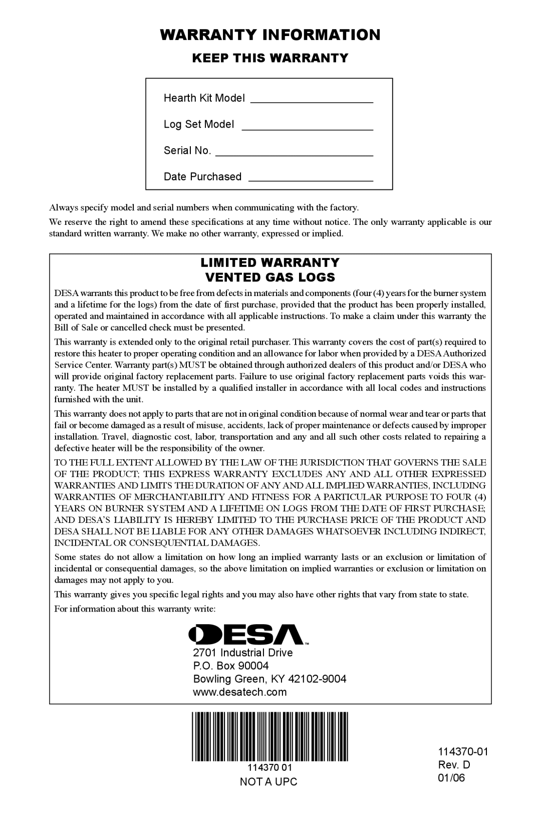 Desa VTD-30N-JHB, VTD-18N-JHB, VTD-24N-JHB Warranty Information, Keep this Warranty, Limited Warranty Vented GAS Logs 