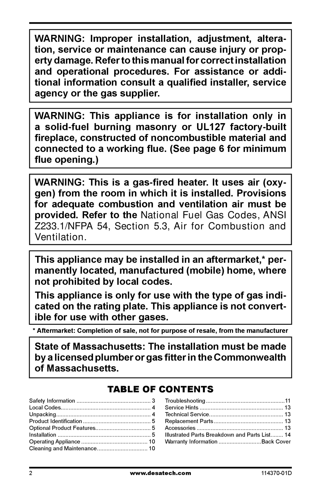 Desa VTD-24N-JHB, VTD-18N-JHB, VTD-30N-JHB installation manual Table of Contents 