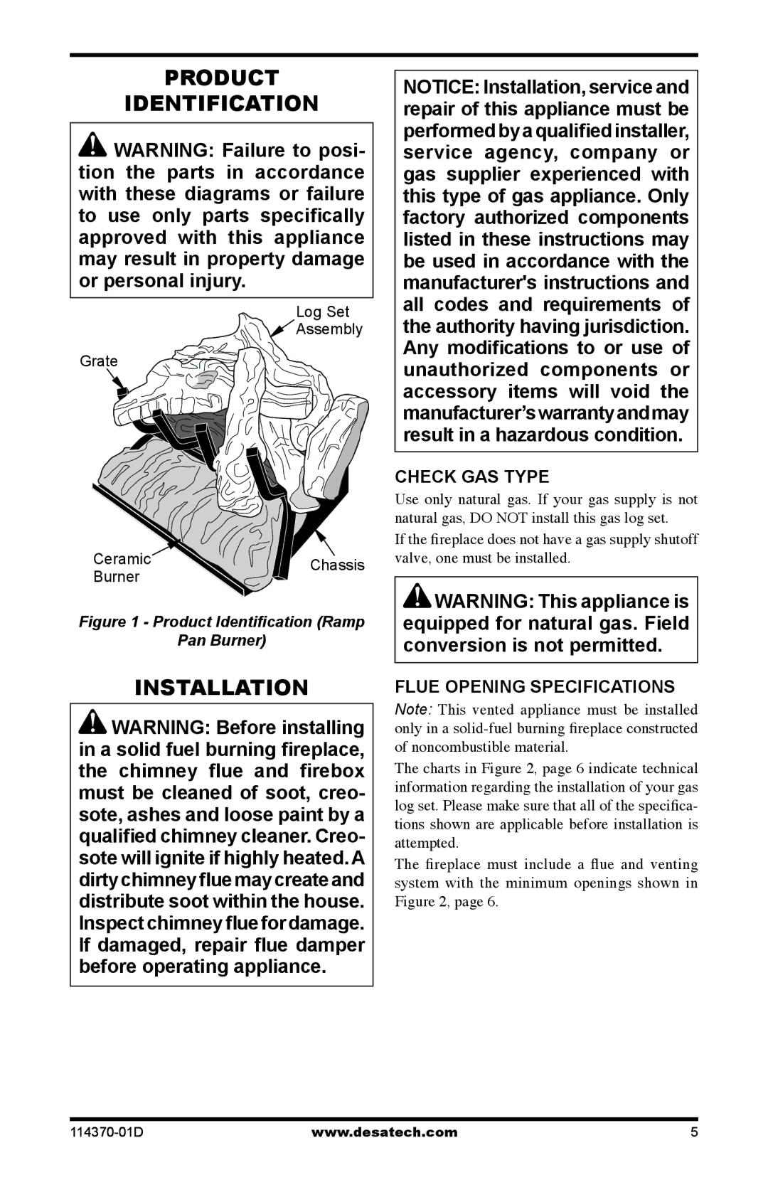 Desa VTD-24N-JHB, VTD-18N-JHB Product Identification, Installation, Check GAS Type, Flue Opening Specifications 