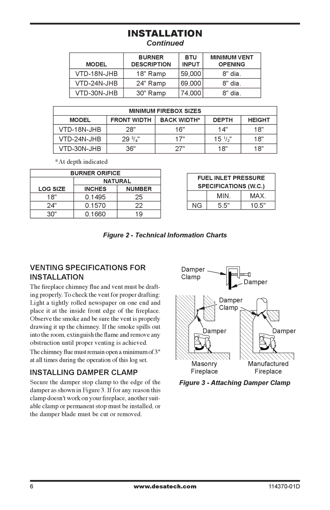 Desa VTD-18N-JHB, VTD-30N-JHB, VTD-24N-JHB Venting Specifications for Installation, Installing Damper Clamp 