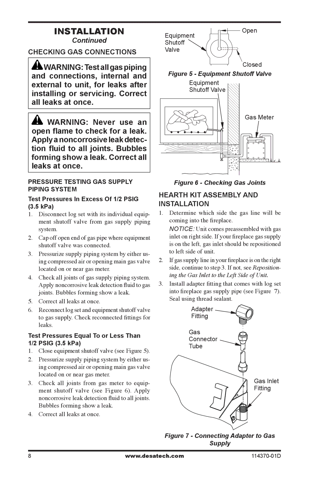 Desa VTD-24N-JHB, VTD-18N-JHB, VTD-30N-JHB installation manual Checking GAS Connections, Hearth Kit assembly and installation 