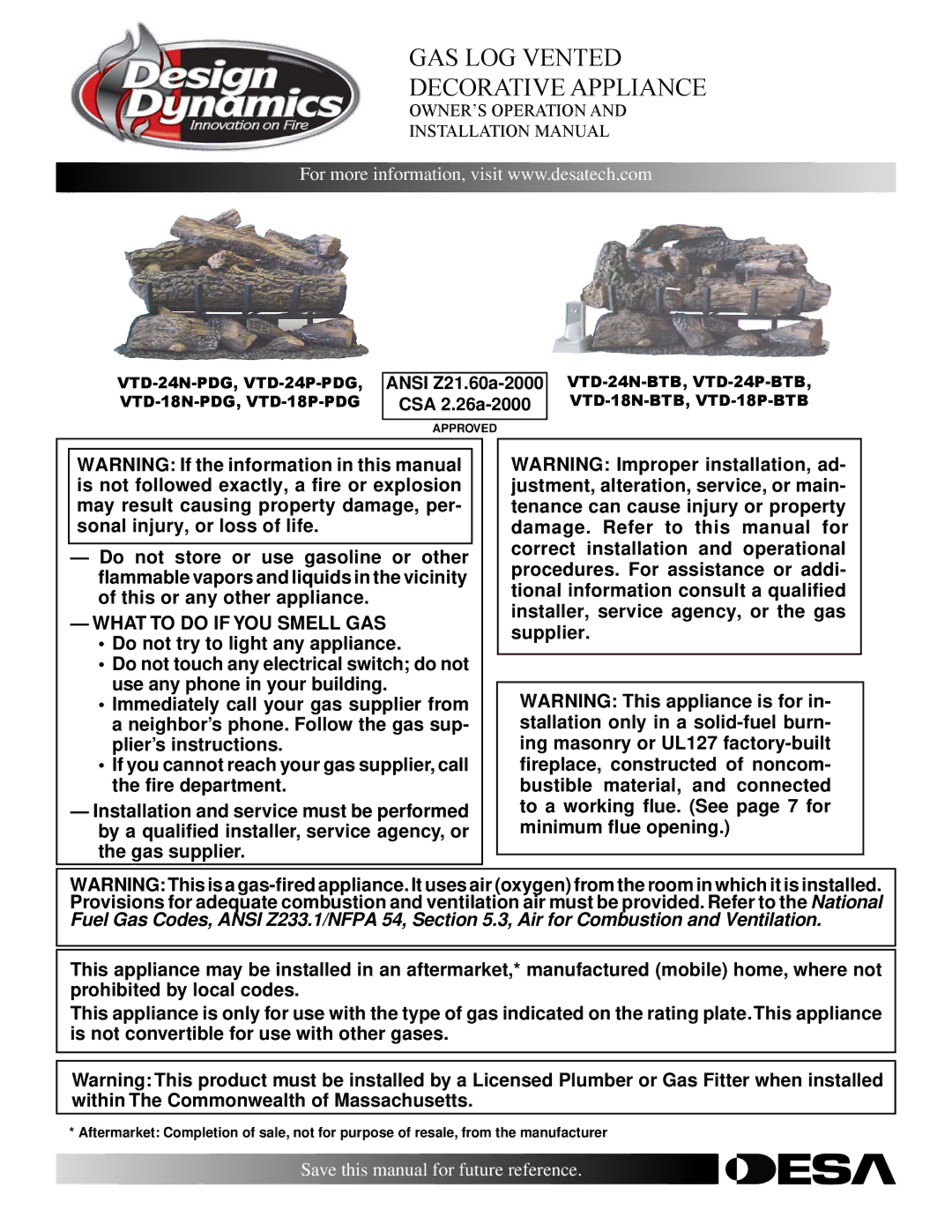 Desa VTD-18P-PDG, VTD-24N-BTB installation manual GAS LOG Vented Decorative Appliance, What to do if YOU Smell GAS 