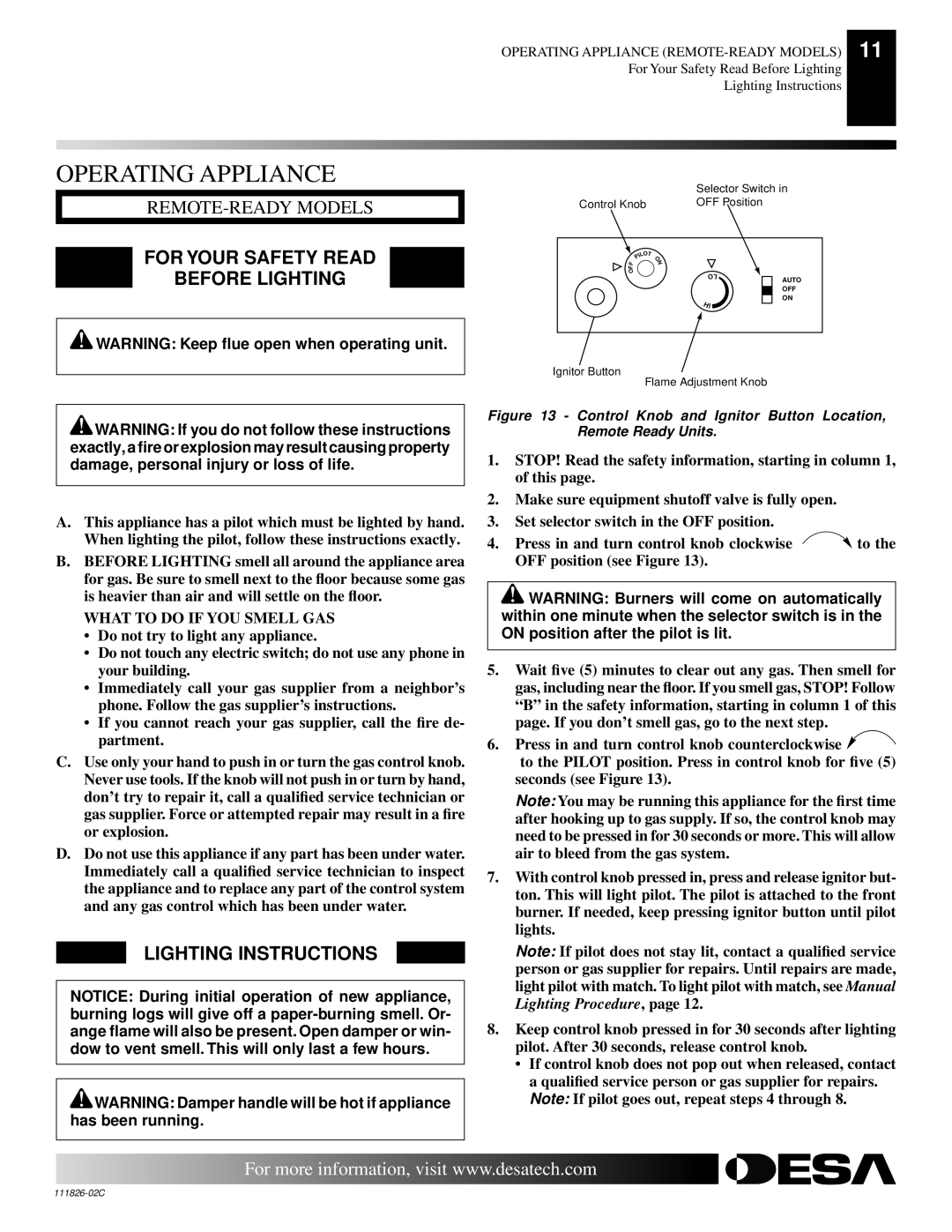 Desa VTD-24N-PDG, VTD-24N-BTB, VTD-18P-PDG Operating Appliance, For Your Safety Read Before Lighting, Lighting Instructions 