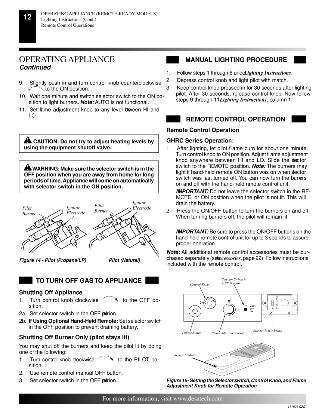 Desa VTD-24N-BTB, VTD-18P-PDG To Turn OFF GAS to Appliance, Manual Lighting Procedure, Remote Control Operation 