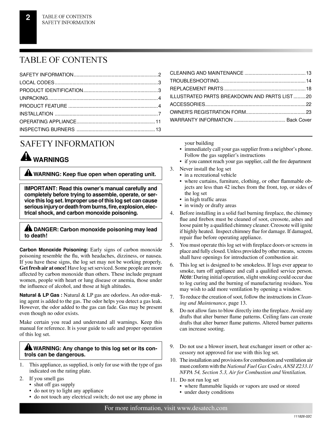 Desa VTD-24N-PDG, VTD-24N-BTB, VTD-18P-PDG installation manual Table of Contents, Safety Information 