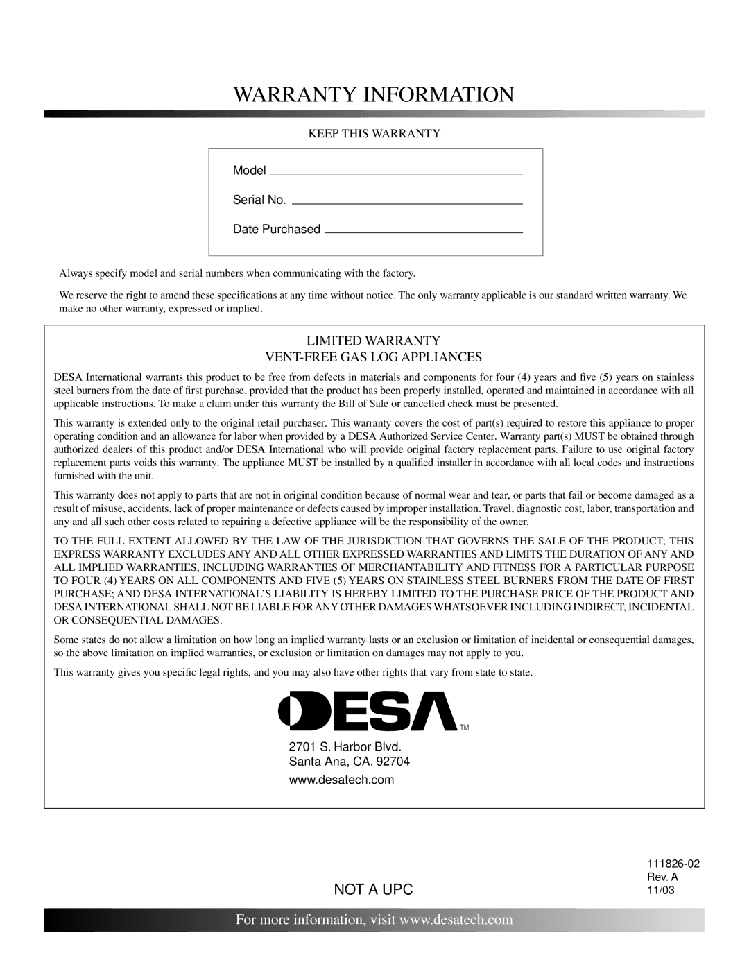 Desa VTD-24N-PDG, VTD-24N-BTB, VTD-18P-PDG installation manual Warranty Information 