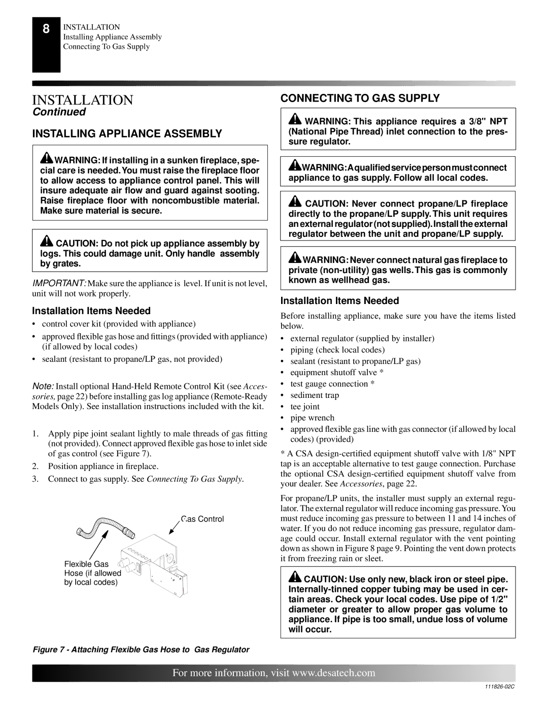 Desa VTD-24N-PDG, VTD-24N-BTB Installing Appliance Assembly, Connecting to GAS Supply, Installation Items Needed 