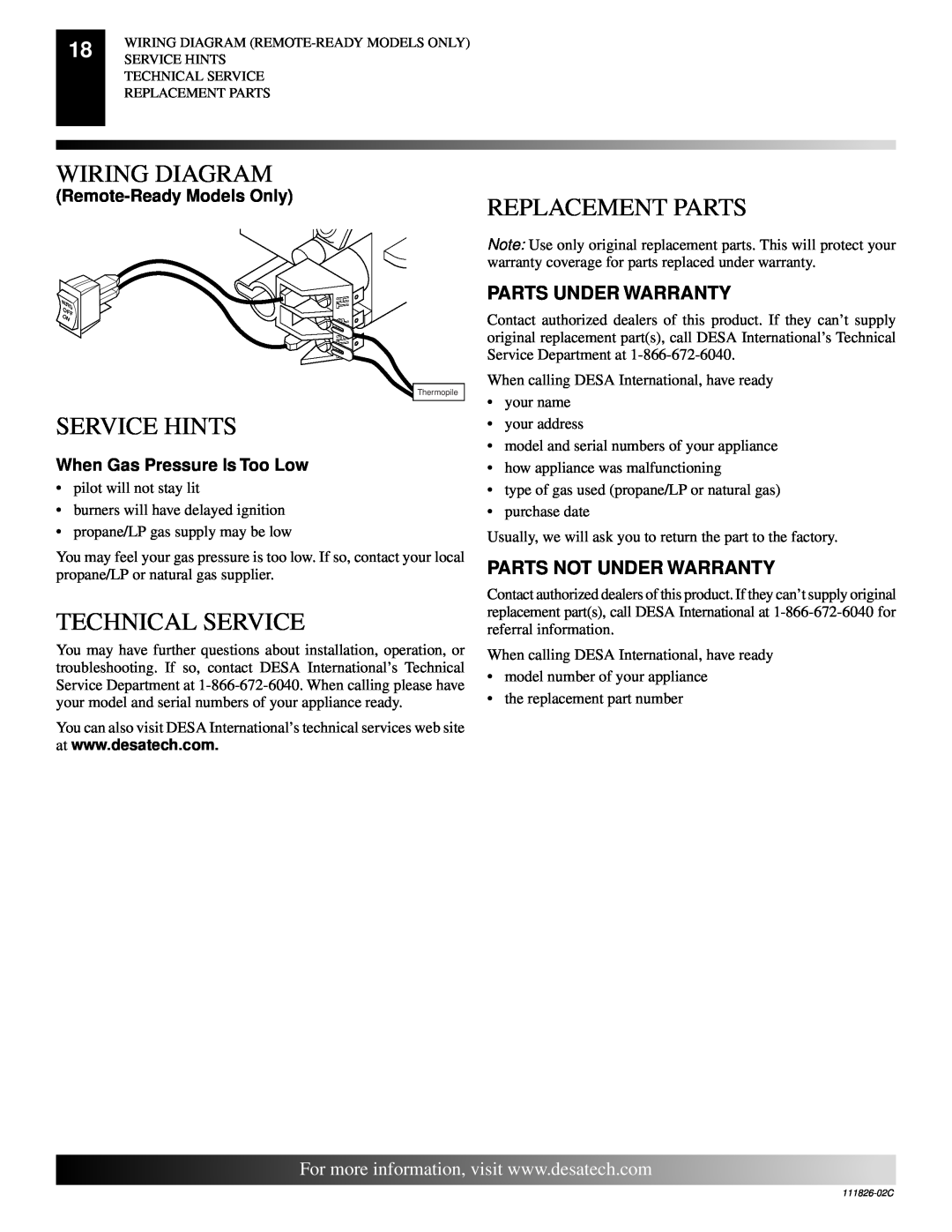 Desa VTD-24N-BTB, VTD-18P-PDG Wiring Diagram, Replacement Parts, Service Hints, Technical Service, Parts Under Warranty 